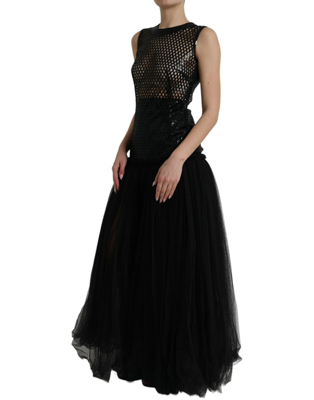 Dolce & Gabbana Schwarzes paillettenbesetztes, ärmelloses Kleid aus Mesh