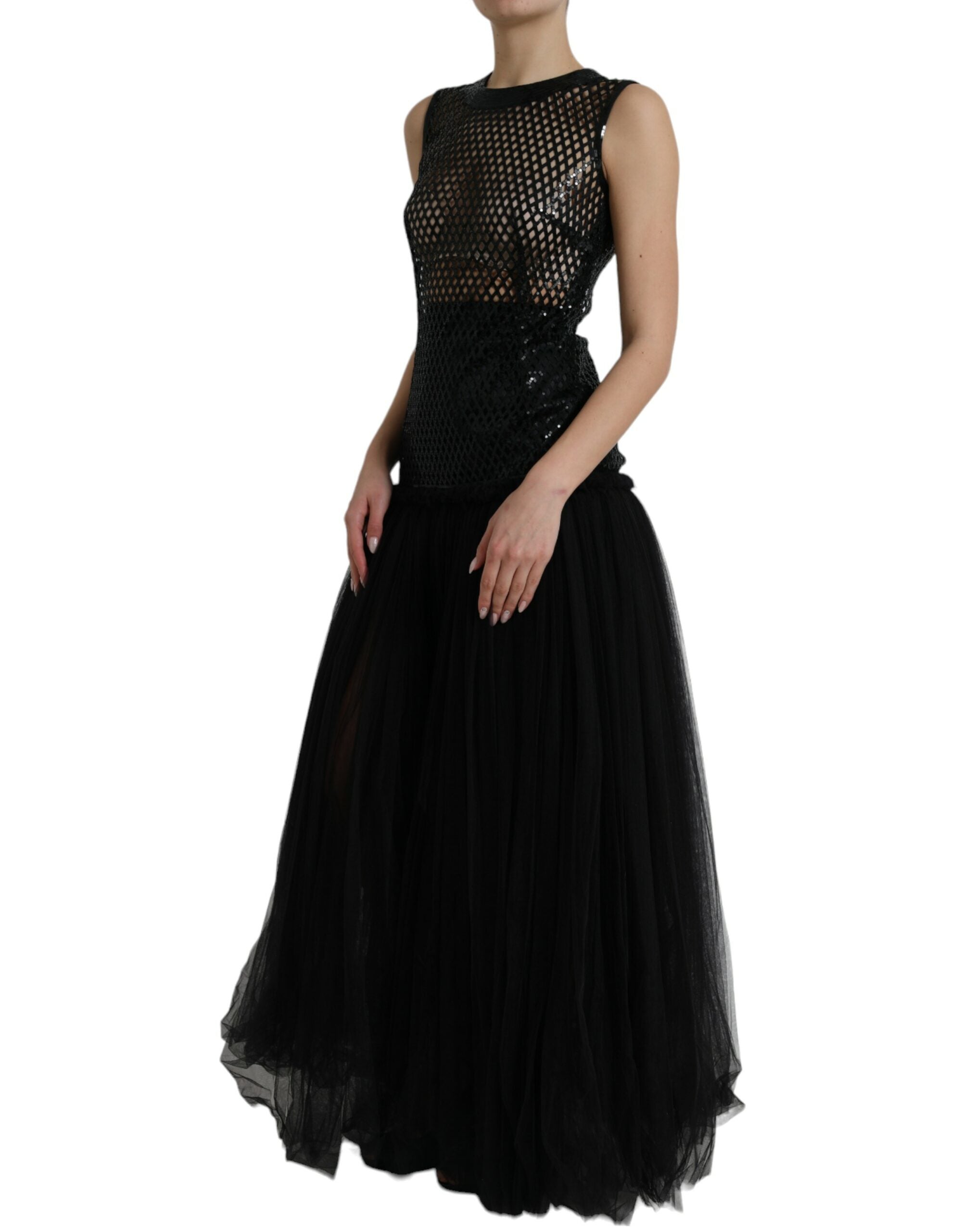 Dolce & Gabbana Schwarzes paillettenbesetztes, ärmelloses Kleid aus Mesh