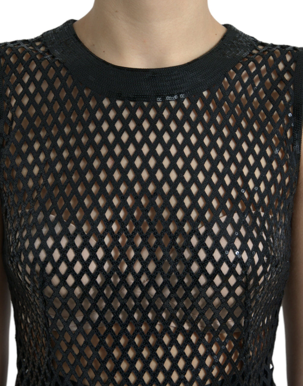 Dolce & Gabbana Schwarzes paillettenbesetztes, ärmelloses Kleid aus Mesh