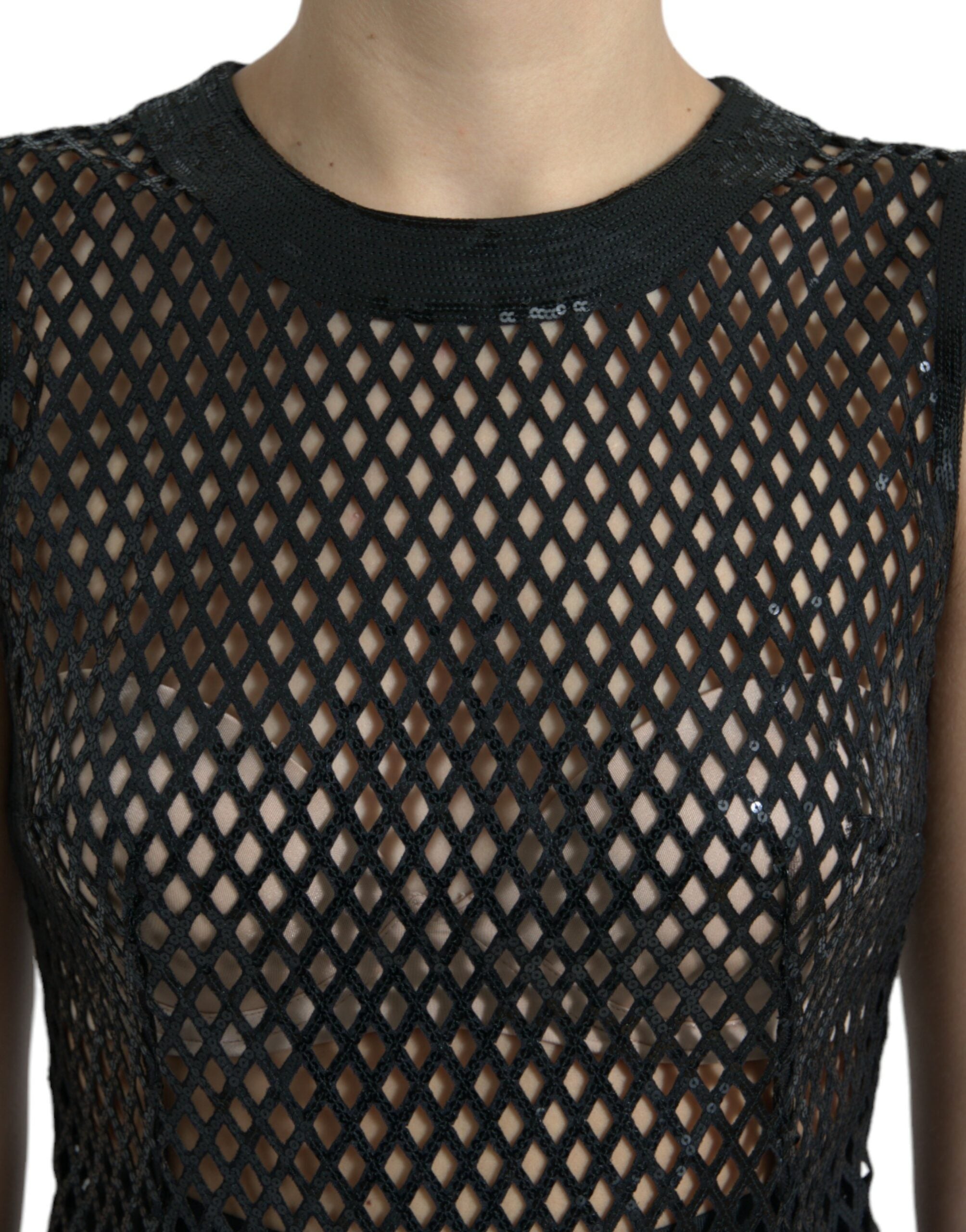Dolce & Gabbana Schwarzes paillettenbesetztes, ärmelloses Kleid aus Mesh