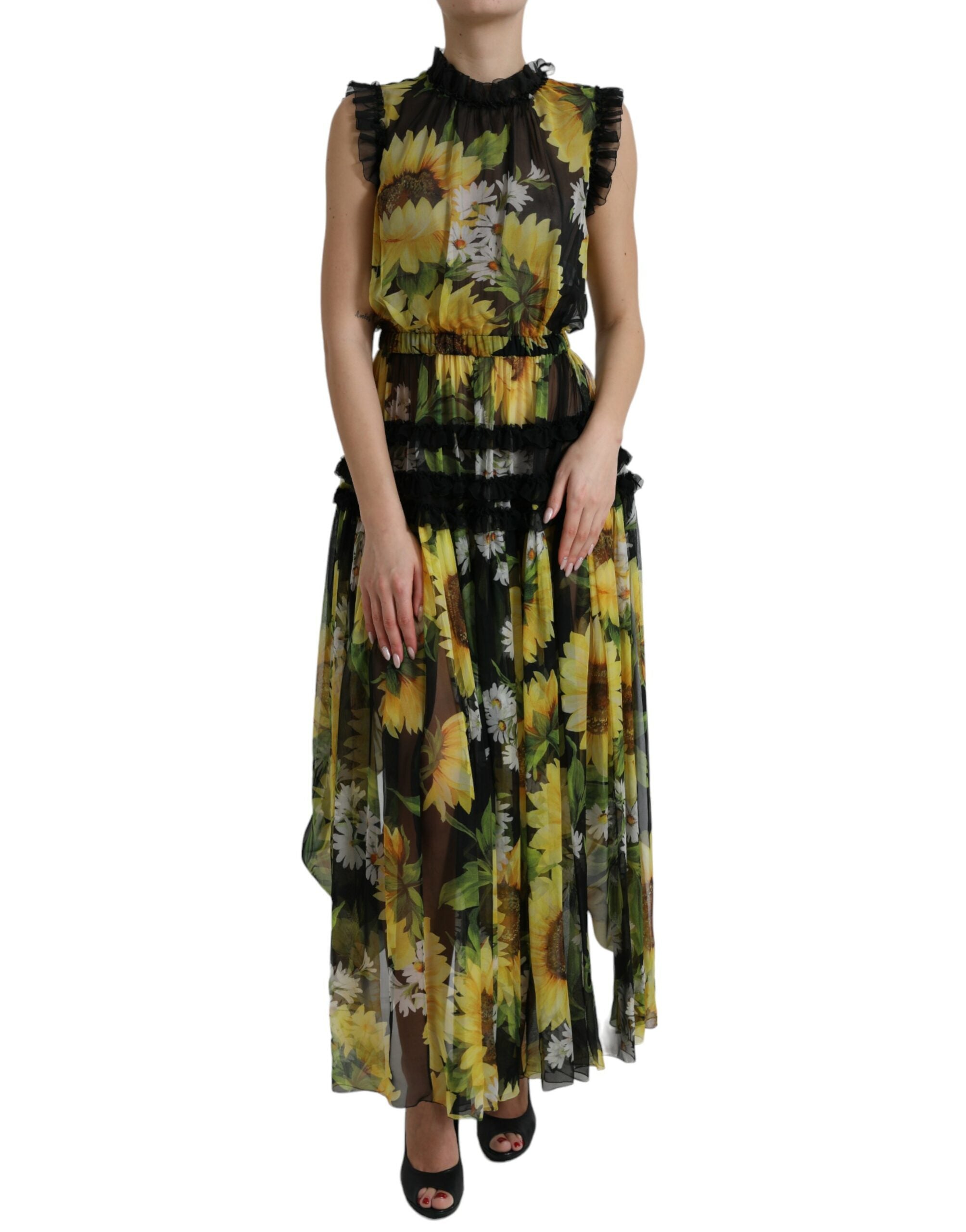 Dolce & Gabbana Black Sunflower Pleated A-Line Maxi Dress