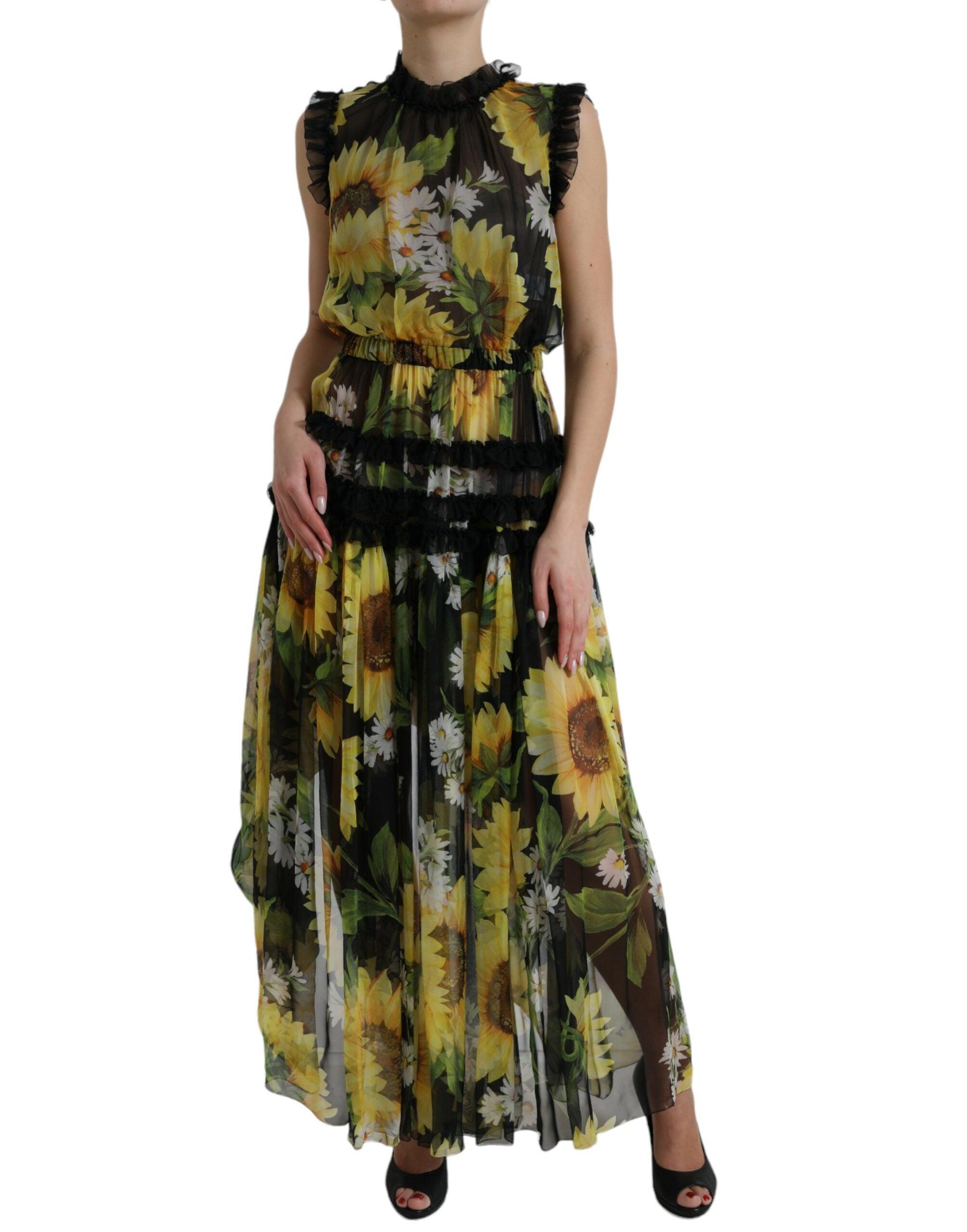 Dolce & Gabbana Black Sunflower Pleated A-Line Maxi Dress