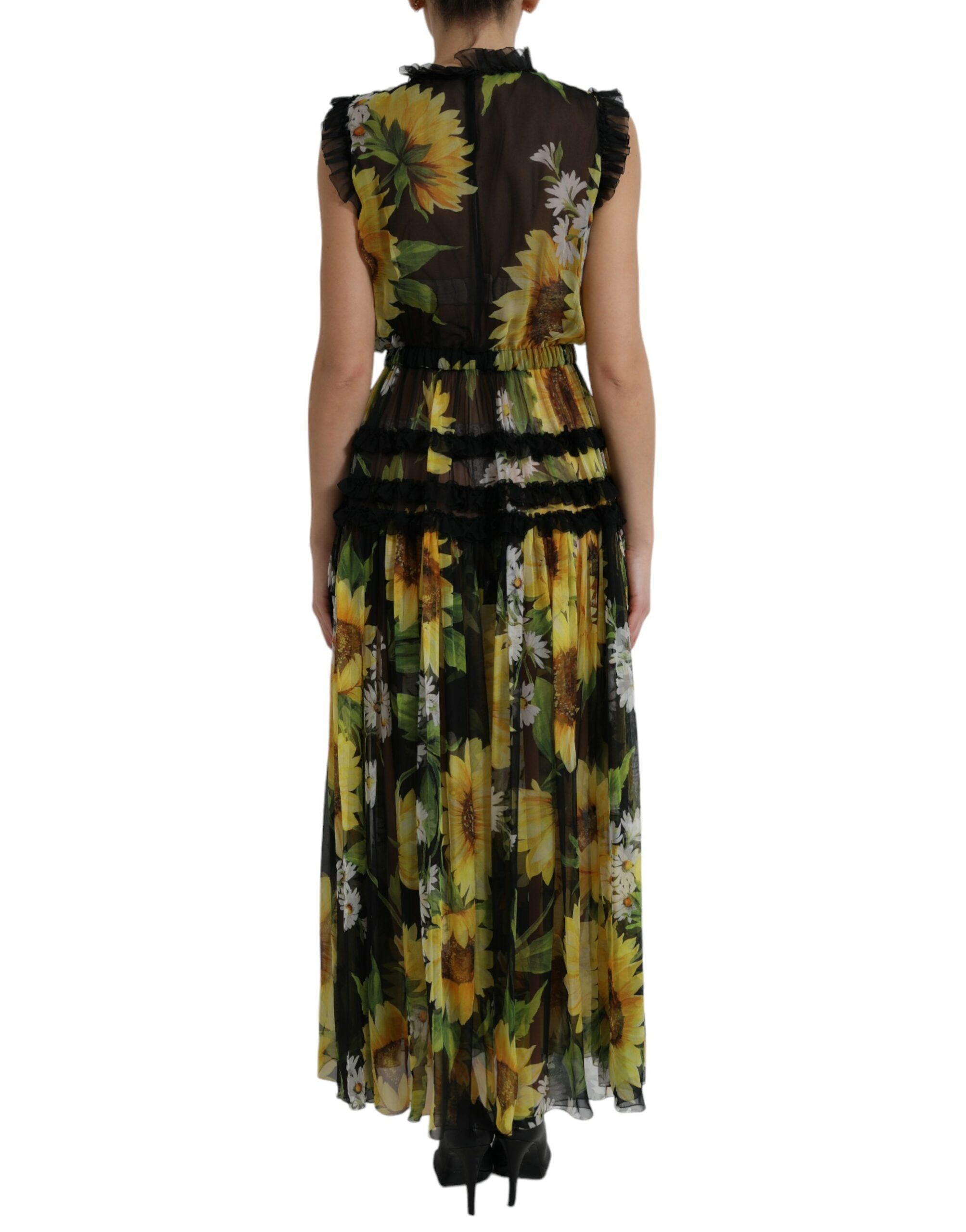 Dolce & Gabbana Black Sunflower Pleated A-Line Maxi Dress