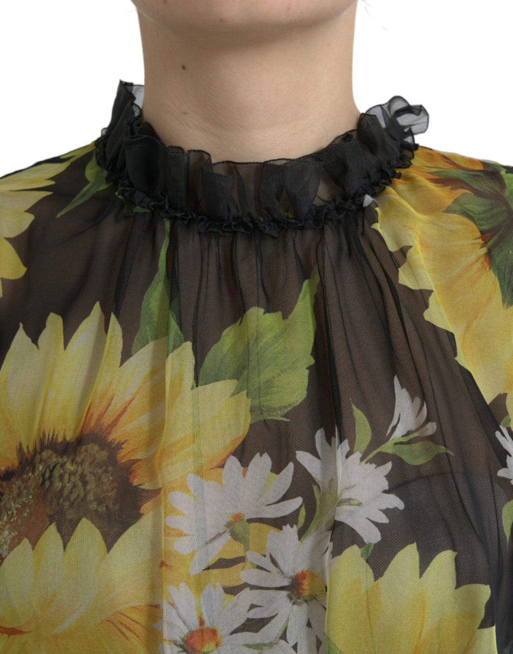 Dolce & Gabbana Black Sunflower Pleated A-Line Maxi Dress
