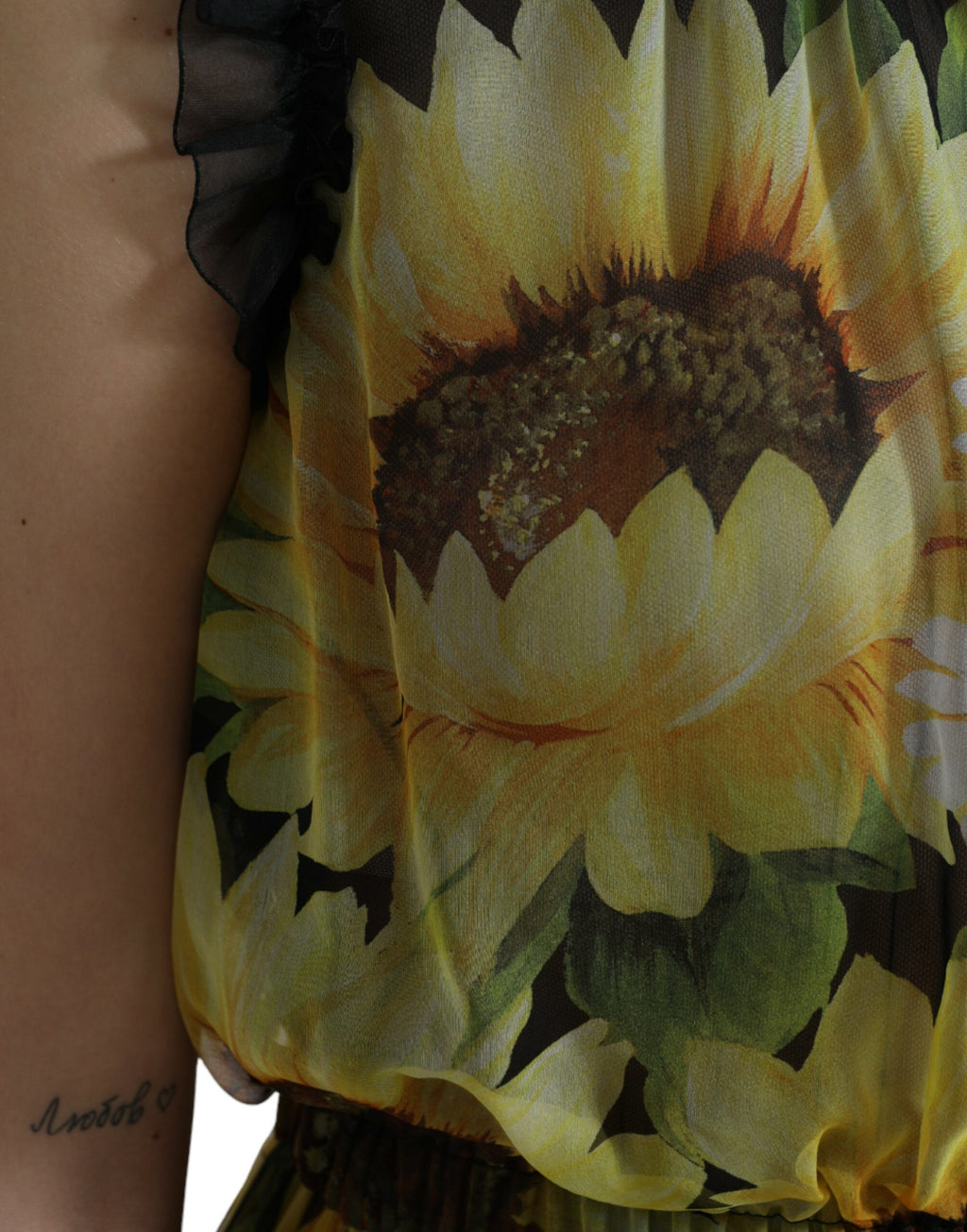 Dolce & Gabbana Black Sunflower Pleated A-Line Maxi Dress