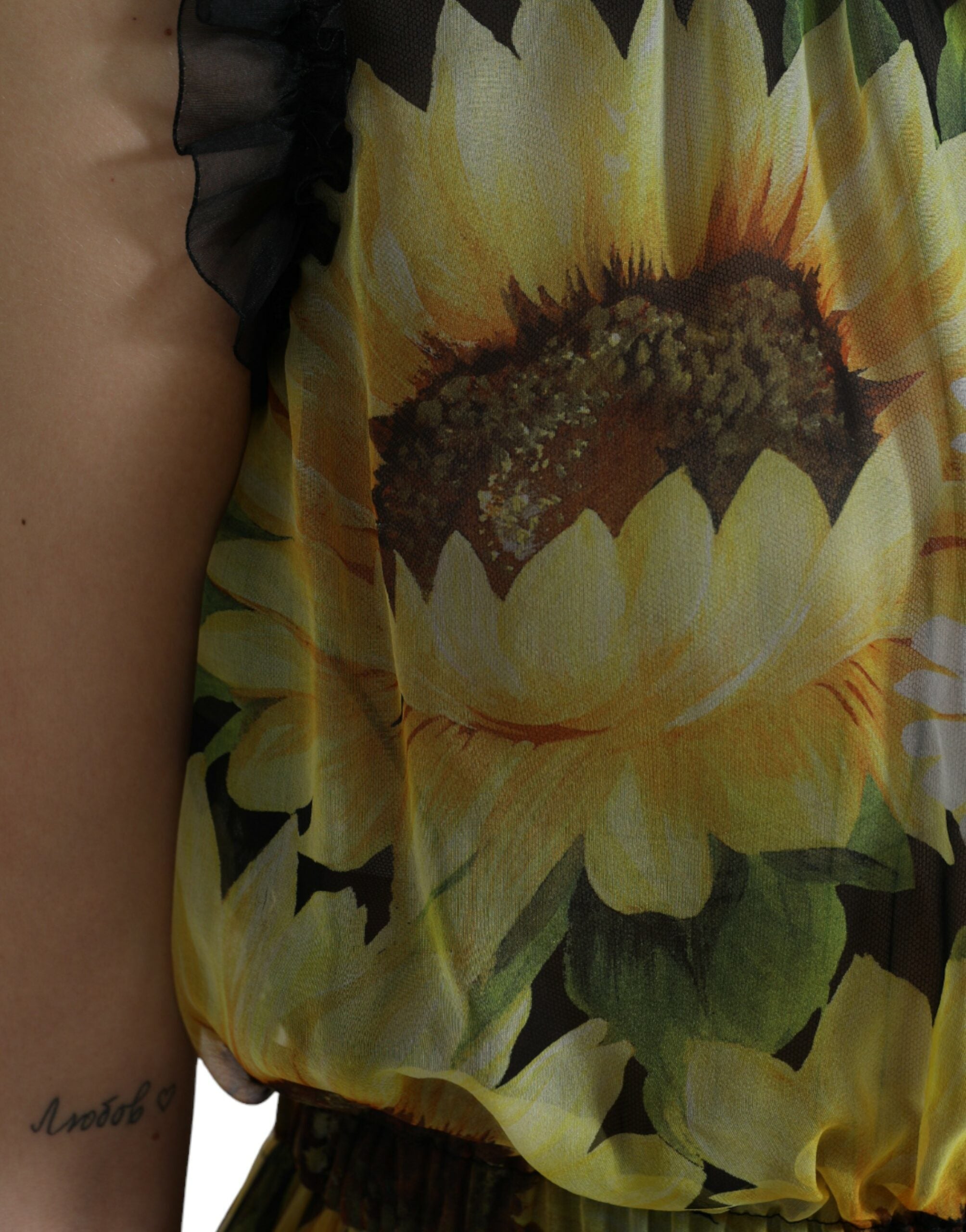 Dolce & Gabbana Black Sunflower Pleated A-Line Maxi Dress