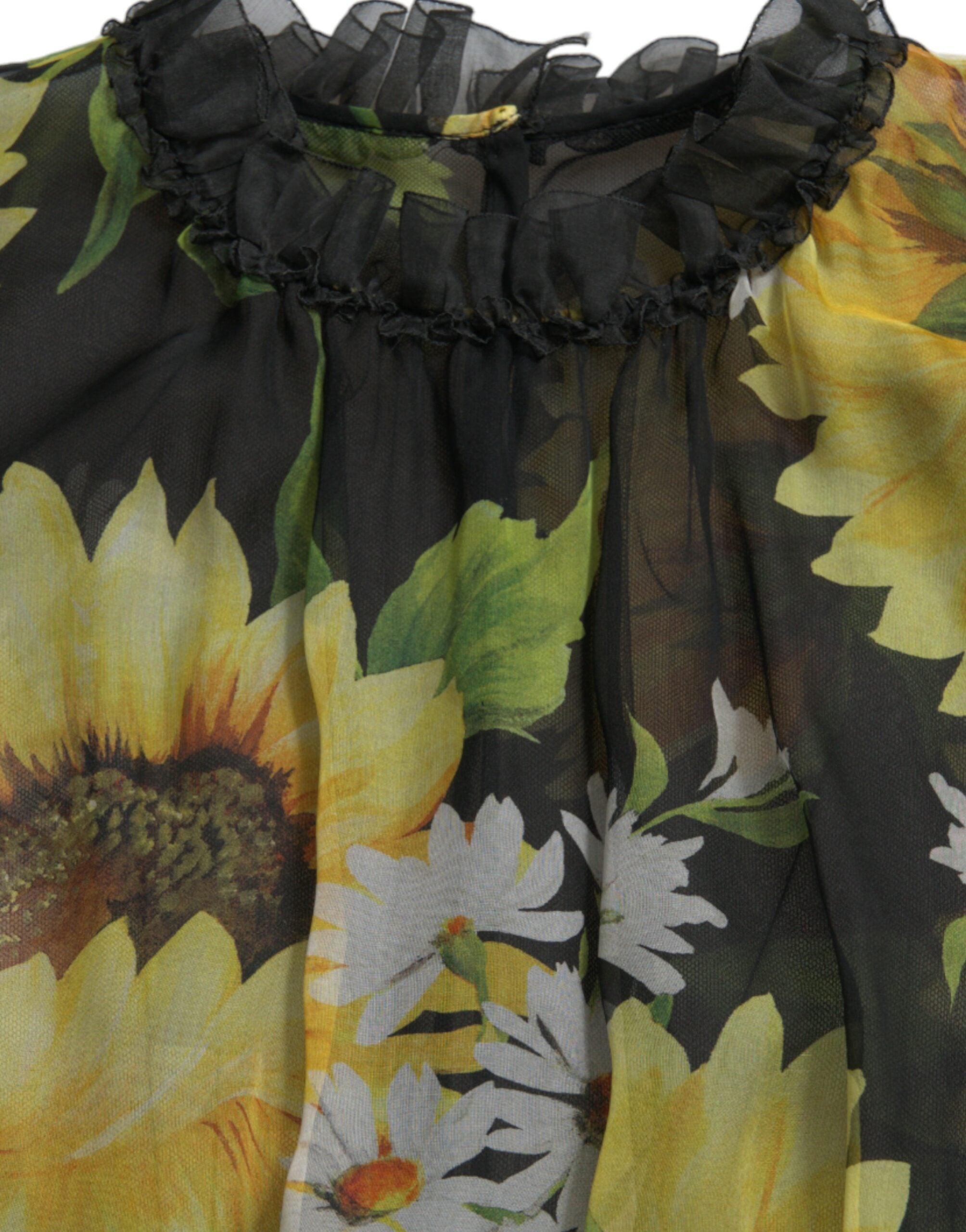 Dolce & Gabbana Black Sunflower Pleated A-Line Maxi Dress