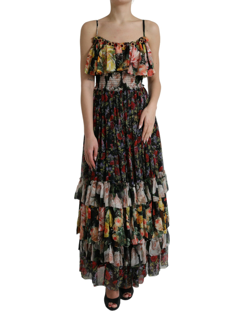 Dolce & Gabbana Mehrfarbiges, geblümtes, gestuftes Maxikleid aus Chiffon