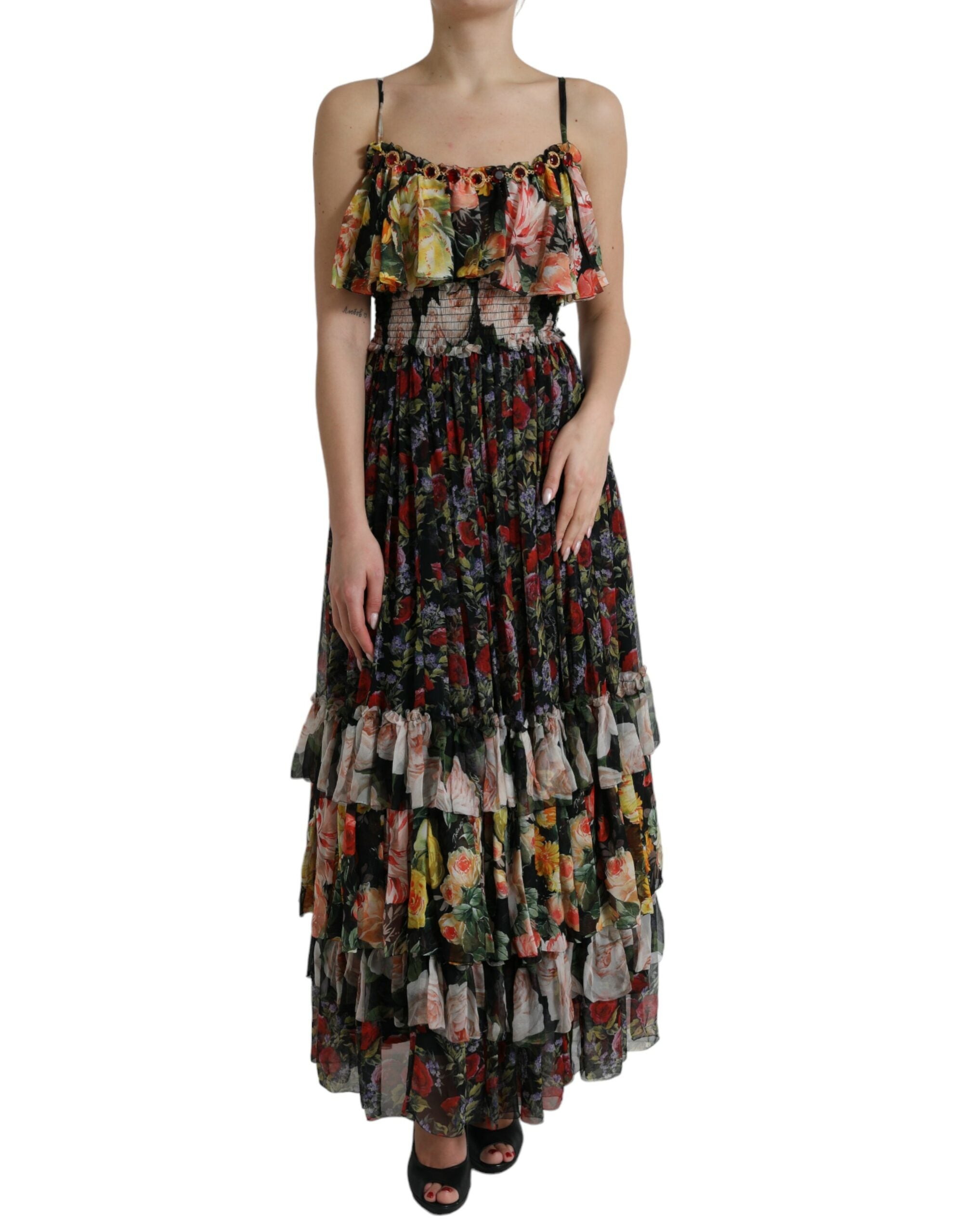 Dolce & Gabbana Mehrfarbiges, geblümtes, gestuftes Maxikleid aus Chiffon