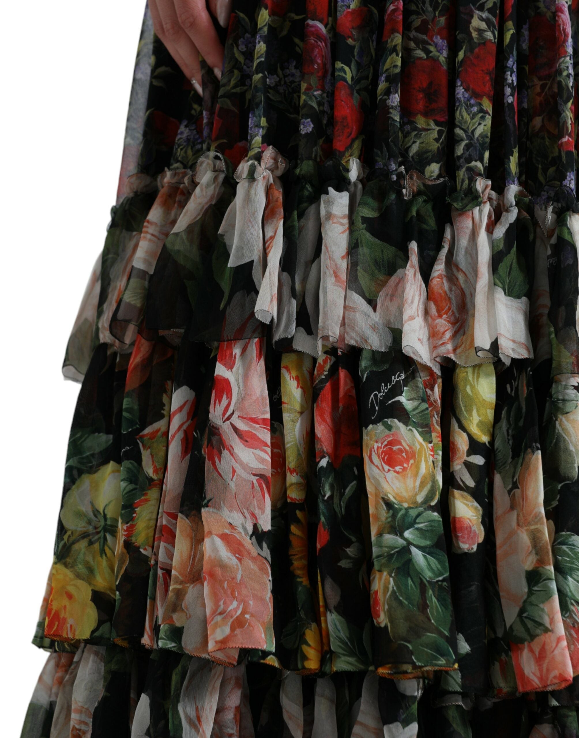 Dolce & Gabbana Mehrfarbiges, geblümtes, gestuftes Maxikleid aus Chiffon