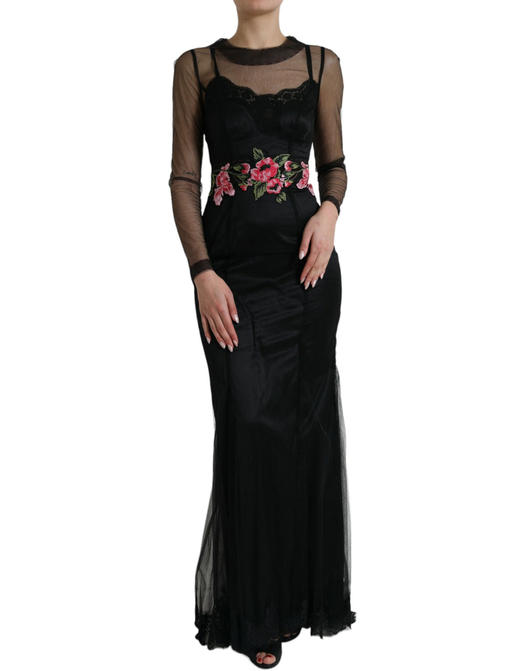 Dolce & Gabbana Black Floral Embroidered Mesh Tulle Dress