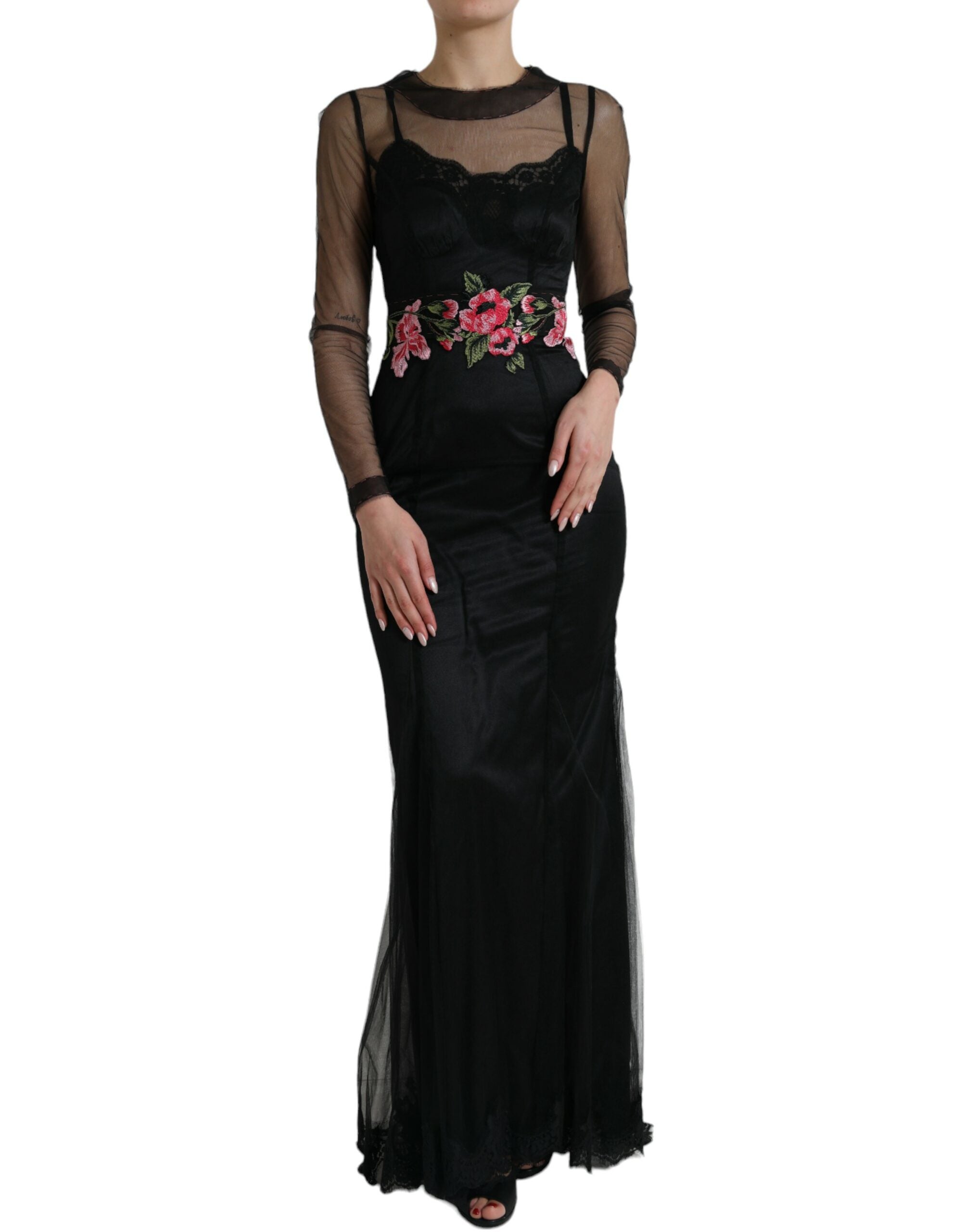 Dolce & Gabbana Black Floral Embroidered Mesh Tulle Dress
