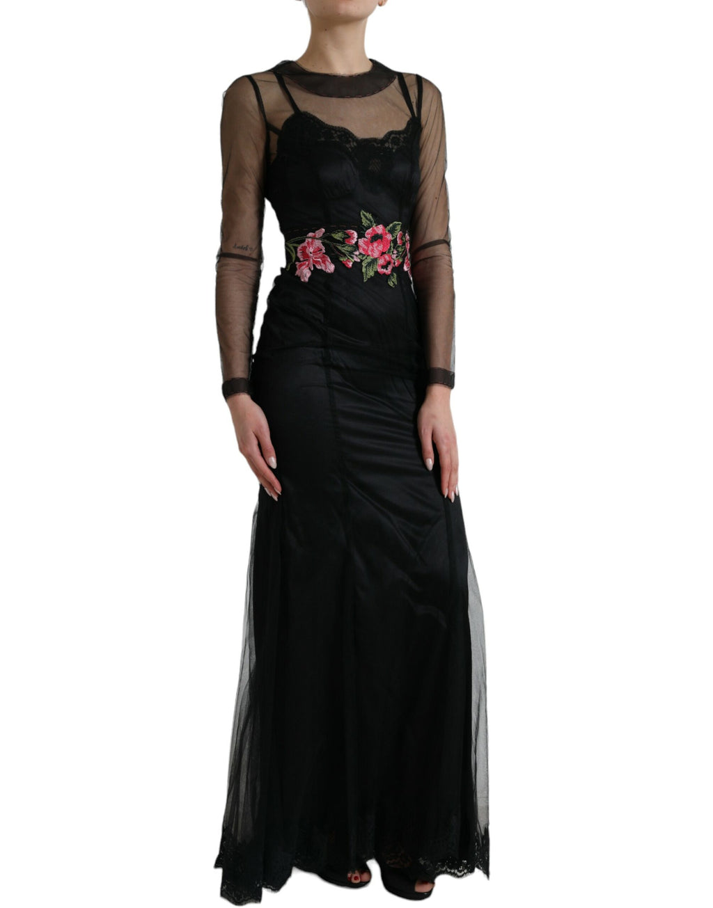 Dolce & Gabbana Black Floral Embroidered Mesh Tulle Dress