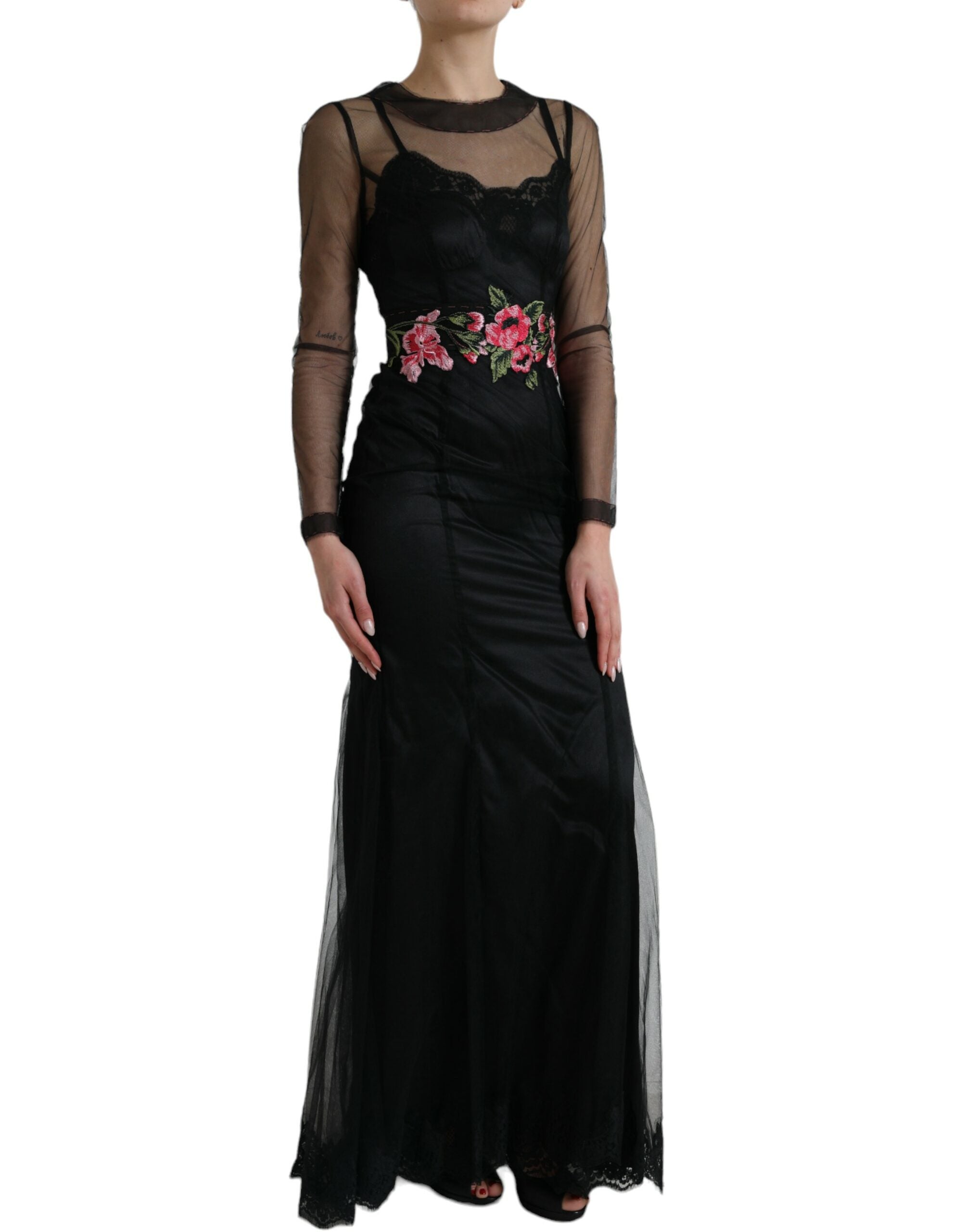 Dolce & Gabbana Black Floral Embroidered Mesh Tulle Dress