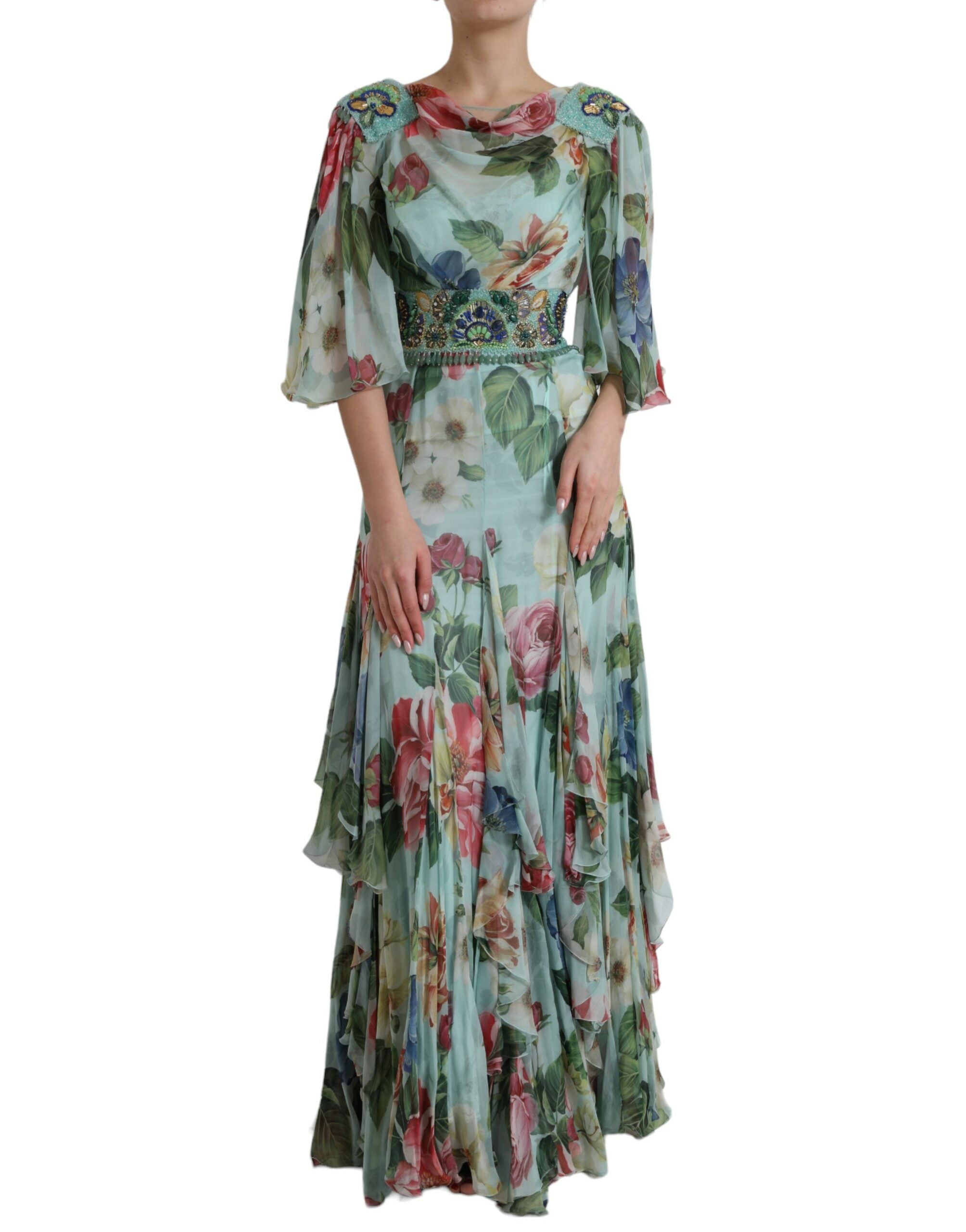 Dolce & Gabbana Blaues gestuftes Maxikleid mit Blumendruck