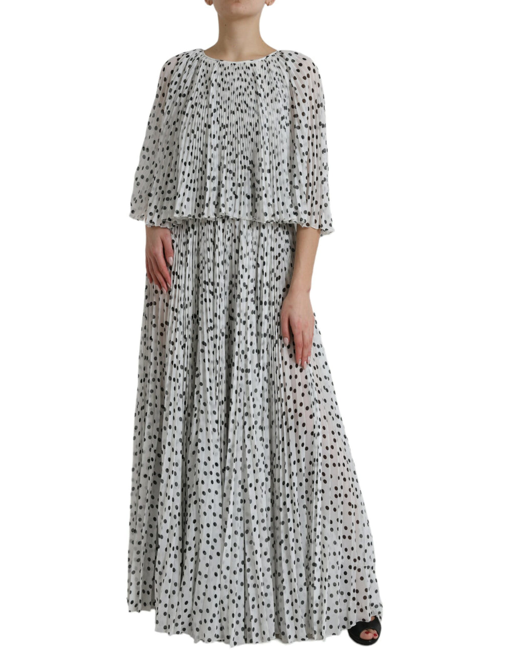 Dolce & Gabbana Weißes gepunktetes Maxikleid in A-Linie mit Falten