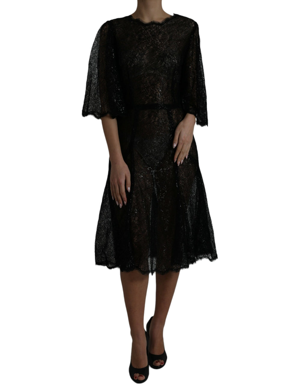 Dolce & Gabbana Schwarzes Midikleid mit floraler Spitze in A-Linie