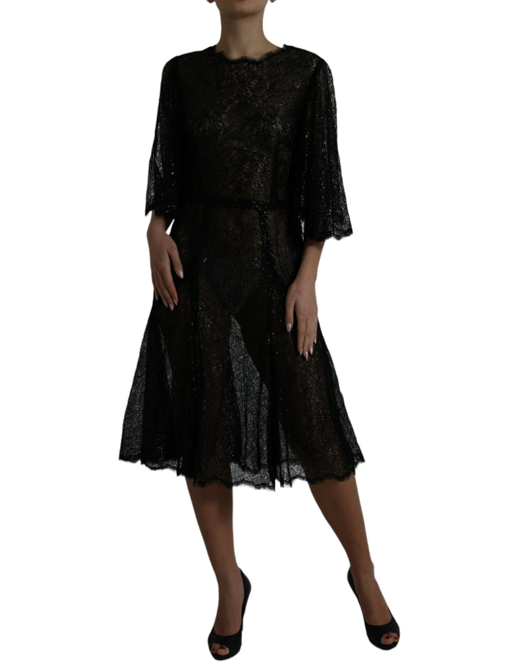 Dolce & Gabbana Schwarzes Midikleid mit floraler Spitze in A-Linie