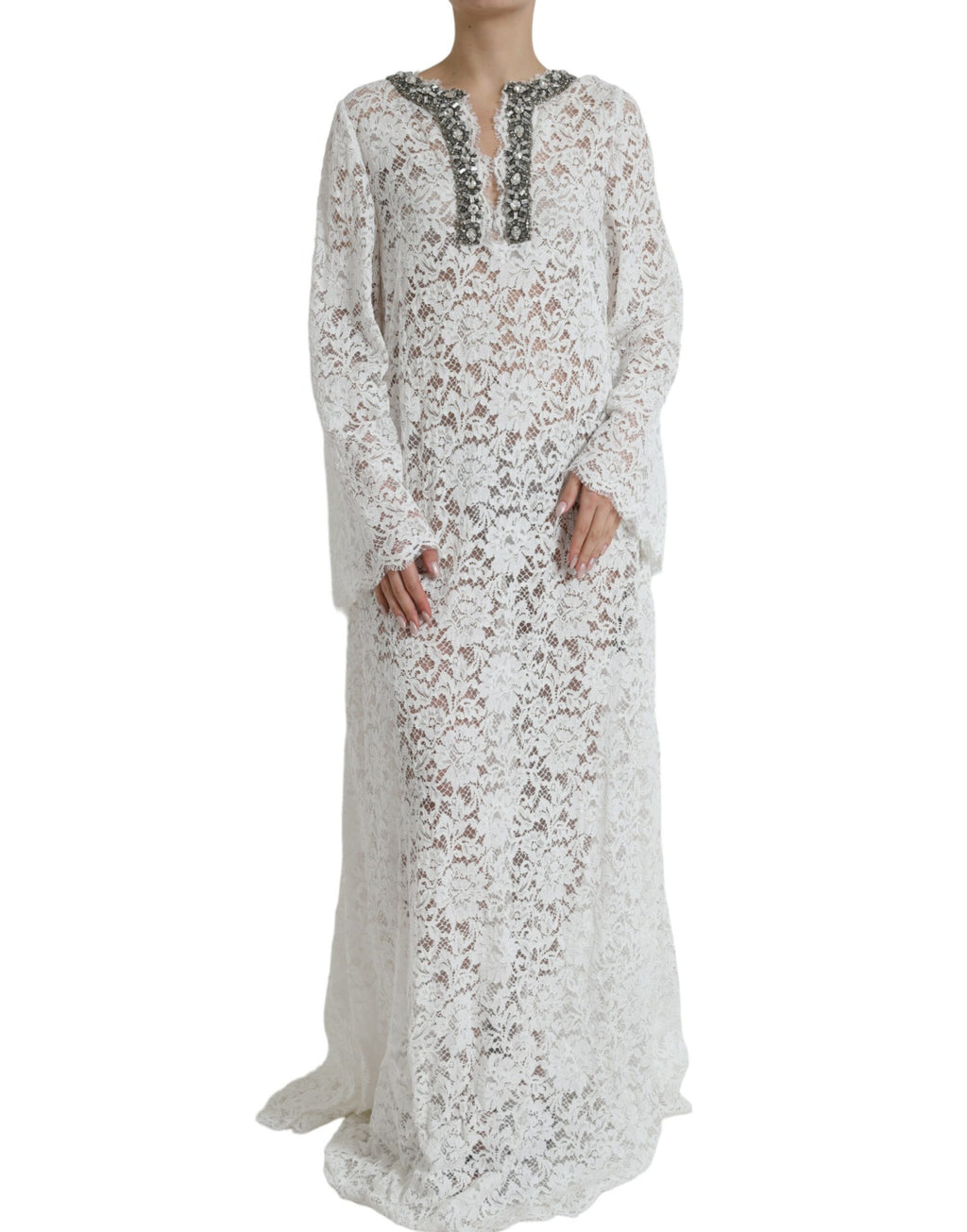 Dolce & Gabbana White Crystal-Embellished Lace Sheath Dress