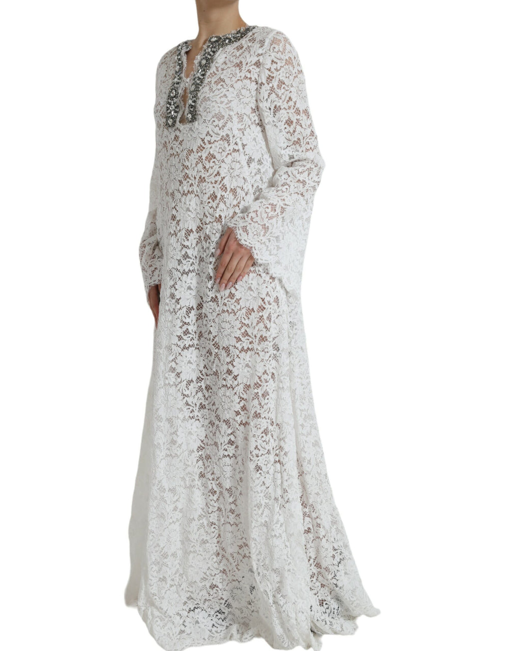 Dolce & Gabbana White Crystal-Embellished Lace Sheath Dress