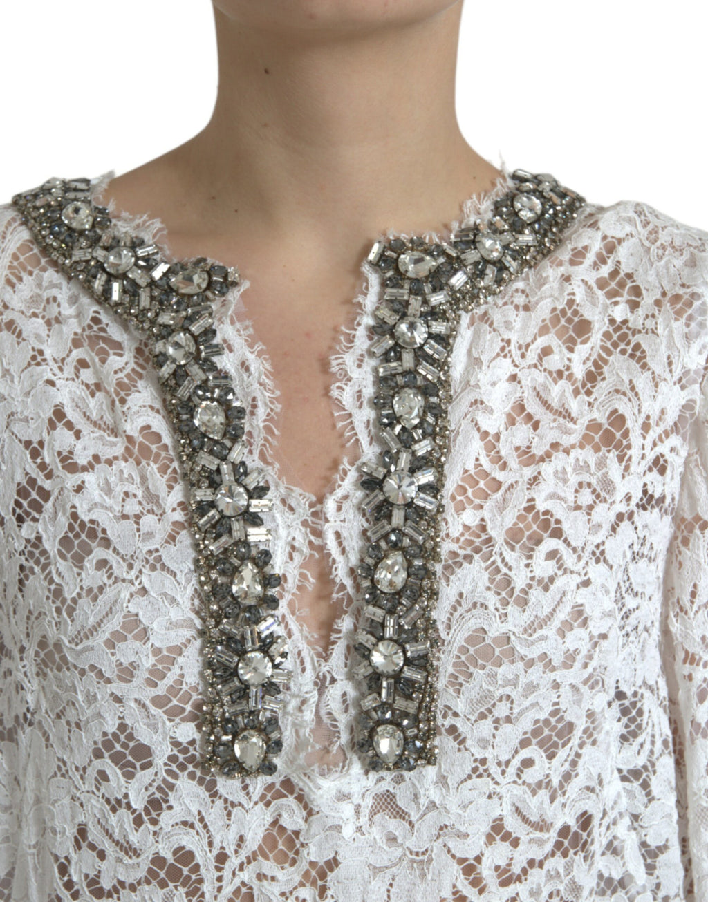 Dolce & Gabbana White Crystal-Embellished Lace Sheath Dress