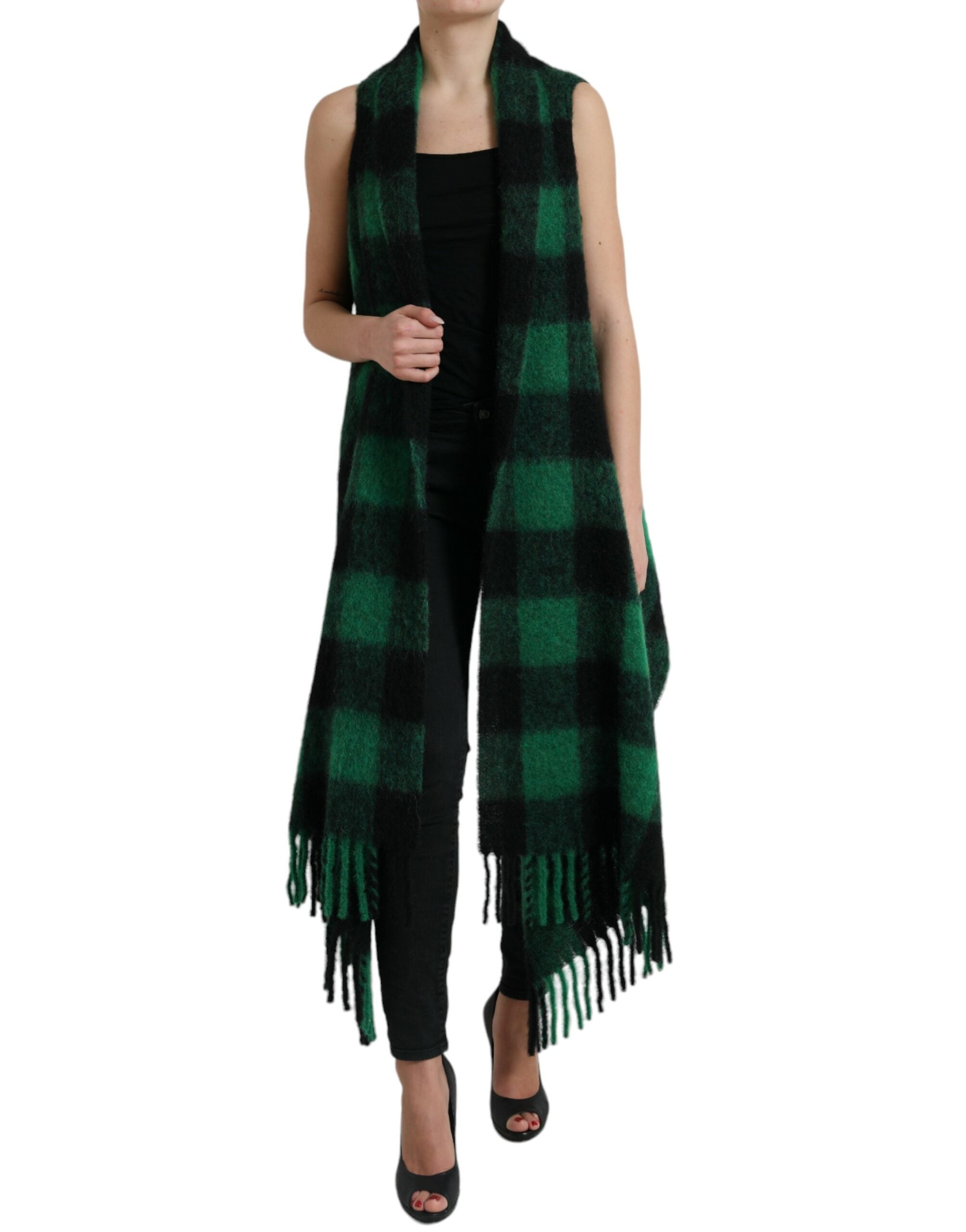 Dolce & Gabbana Schwarz Grün Buffalo Check Poncho Mantel Jacke