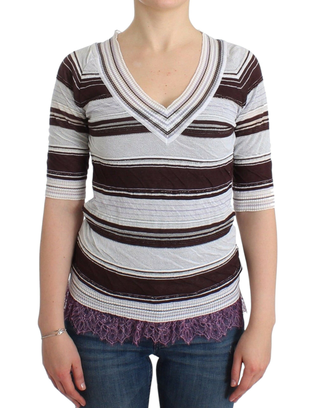 Ermanno Scervino Striped Lace V-Neck Short-Sleeve Top Sweater