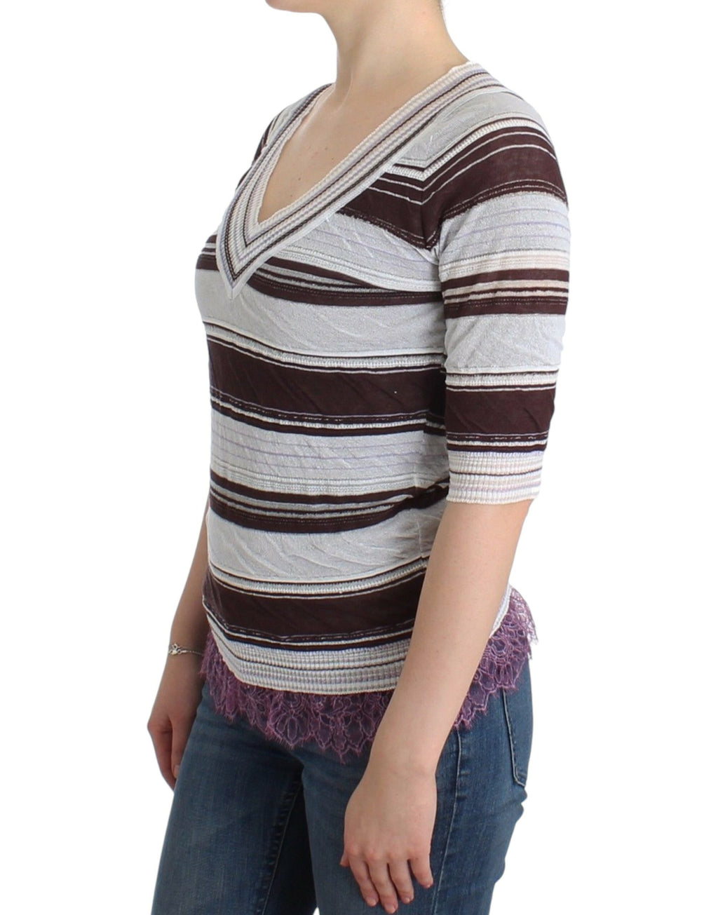 Ermanno Scervino Striped Lace V-Neck Short-Sleeve Top Sweater
