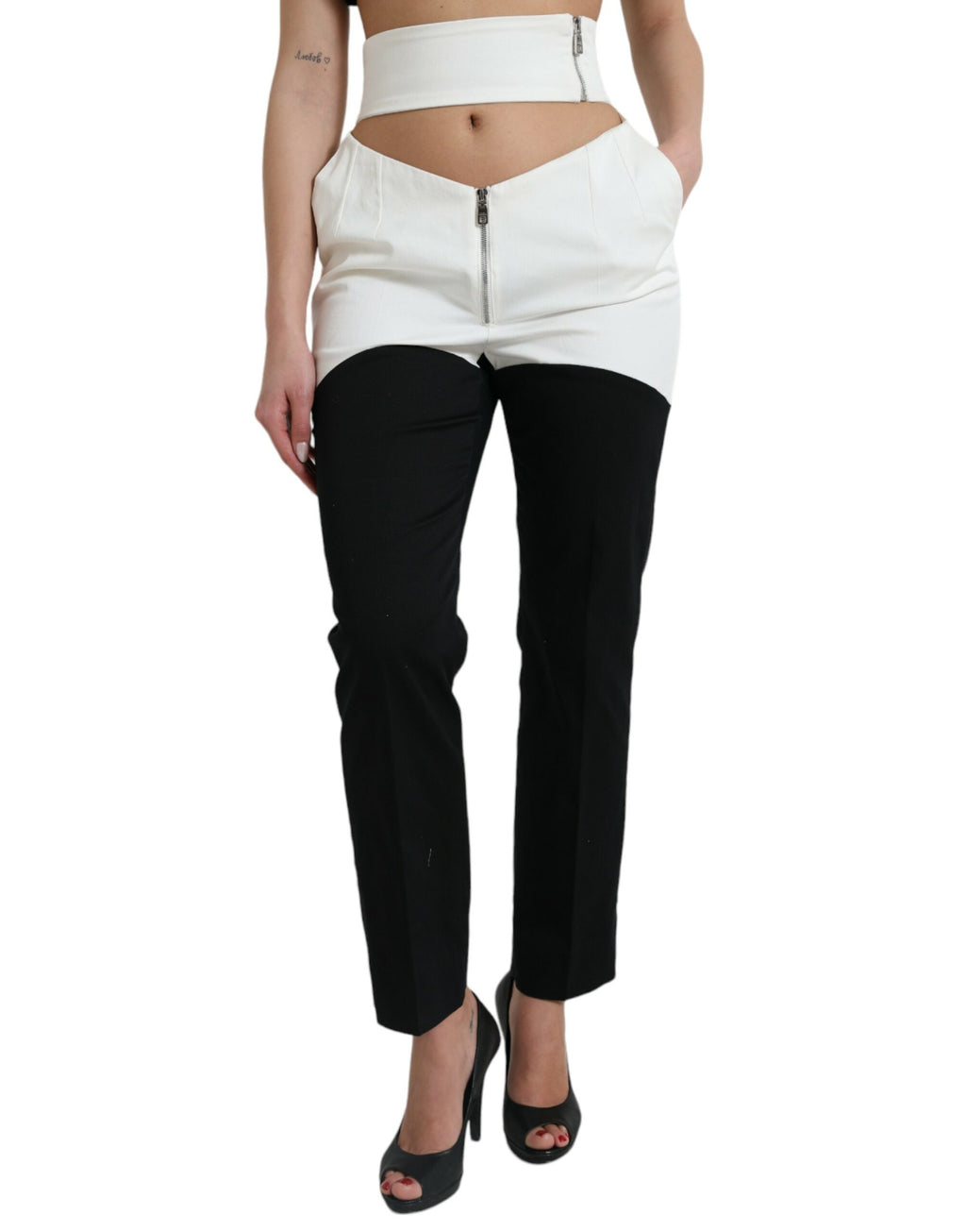 Dolce & Gabbana Black and White Cotton Cut-Out Waist Tapered Pants