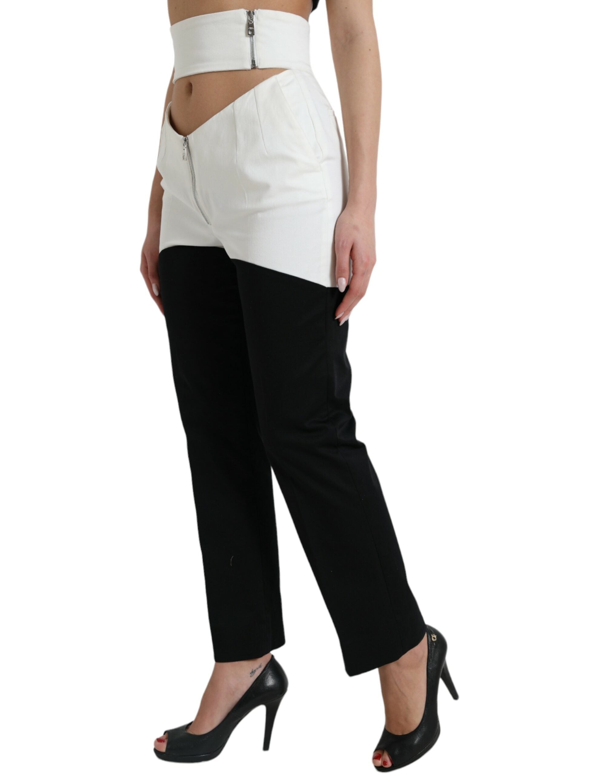 Dolce & Gabbana Black and White Cotton Cut-Out Waist Tapered Pants