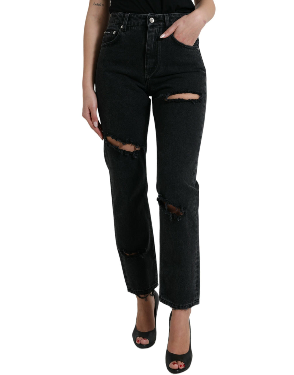 Dolce & Gabbana Black High-Waist Ripped Denim Cotton Jeans
