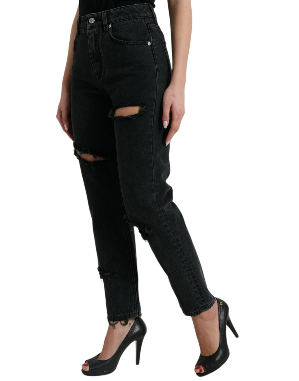 Dolce & Gabbana Black High-Waist Ripped Denim Cotton Jeans