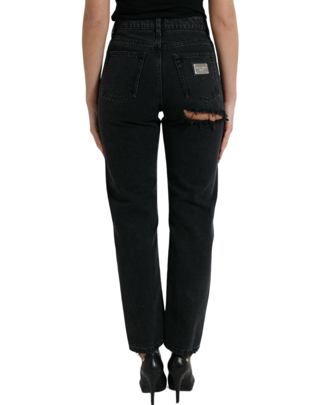 Dolce & Gabbana Black High-Waist Ripped Denim Cotton Jeans