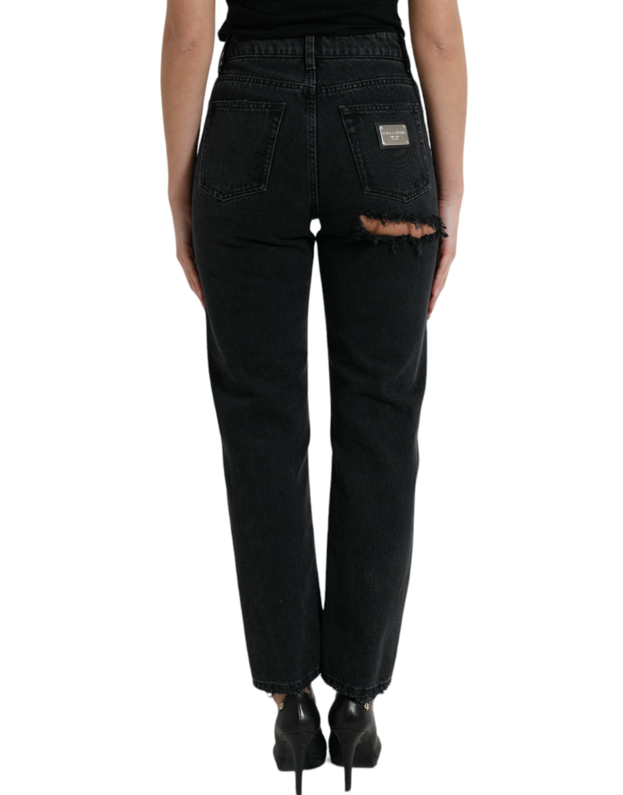 Dolce & Gabbana Black High-Waist Ripped Denim Cotton Jeans