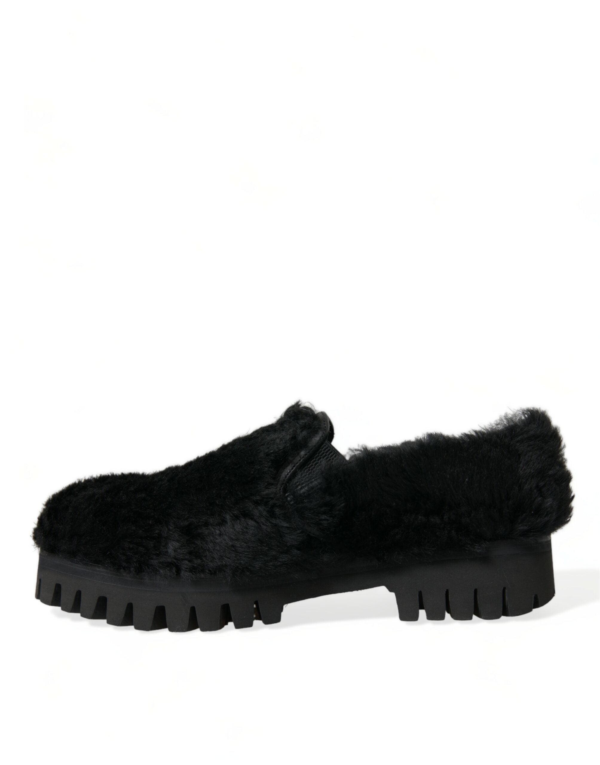 Dolce & Gabbana Schwarz Pelz Leder Hausschuhe Kleid Schuhe