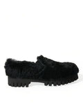Dolce & Gabbana Schwarz Pelz Leder Hausschuhe Kleid Schuhe