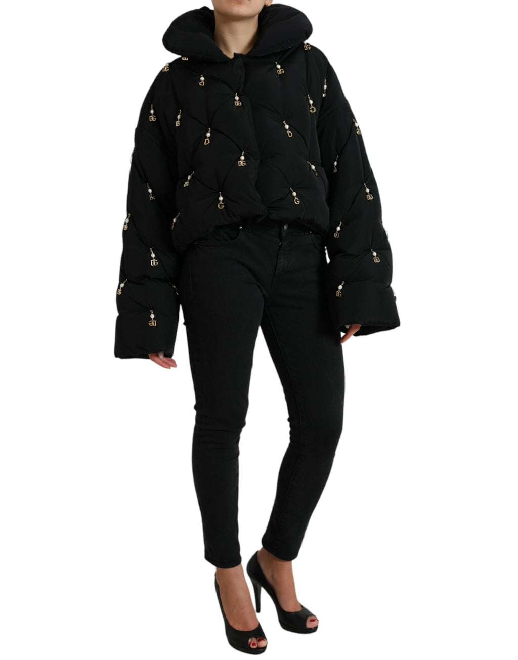 Dolce & Gabbana Schwarze Bomberjacke aus gestepptem Shell mit Verzierungen