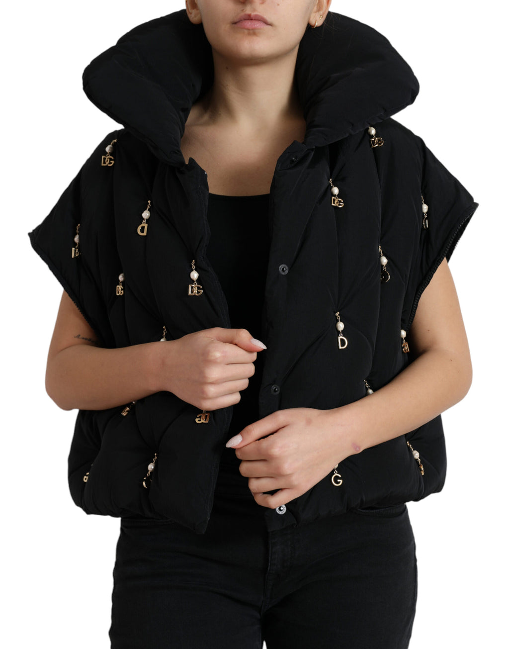 Dolce & Gabbana Schwarze Bomberjacke aus gestepptem Shell mit Verzierungen
