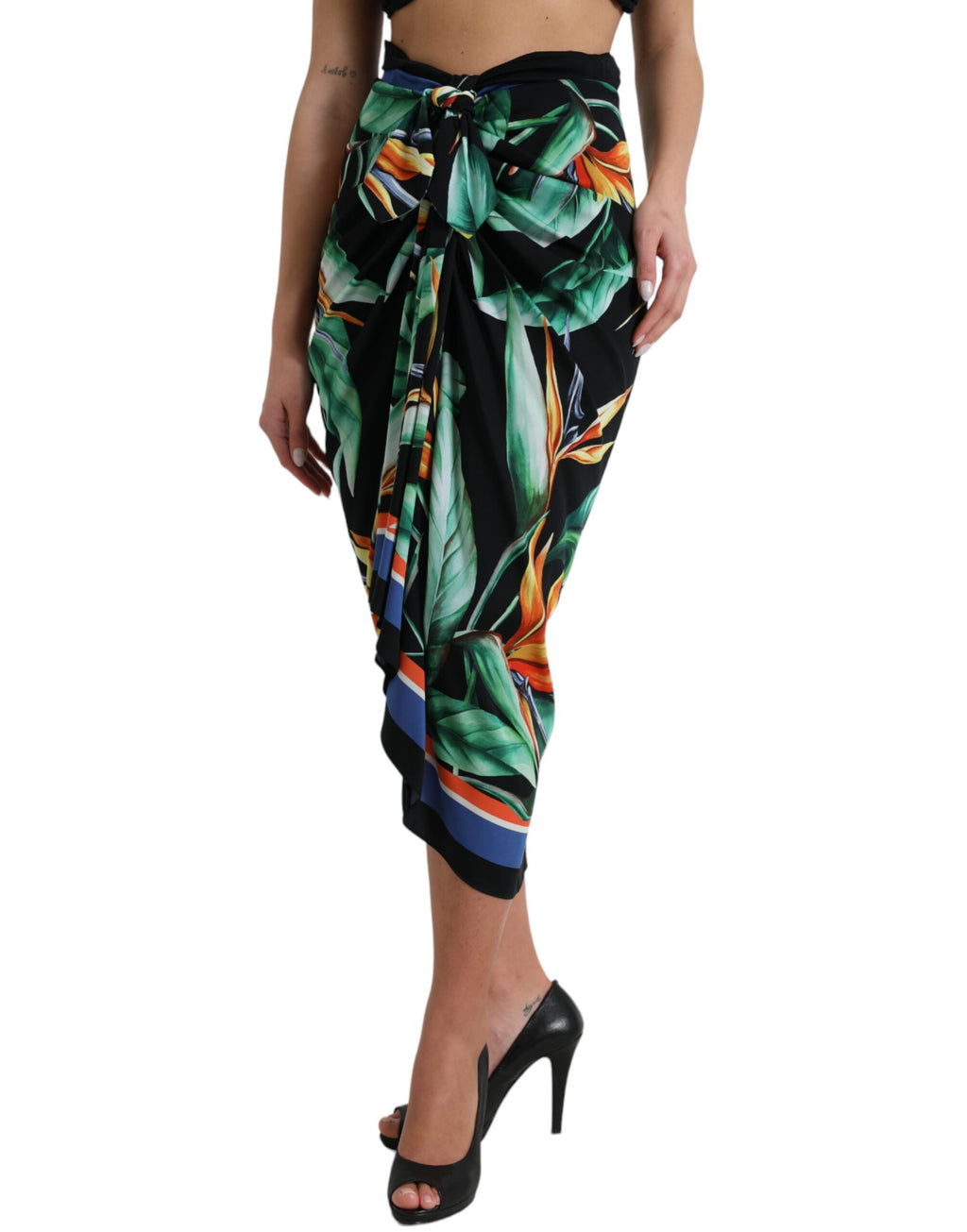 Dolce & Gabbana Black Strelitzia High-Waisted Wrap Midi Skirt