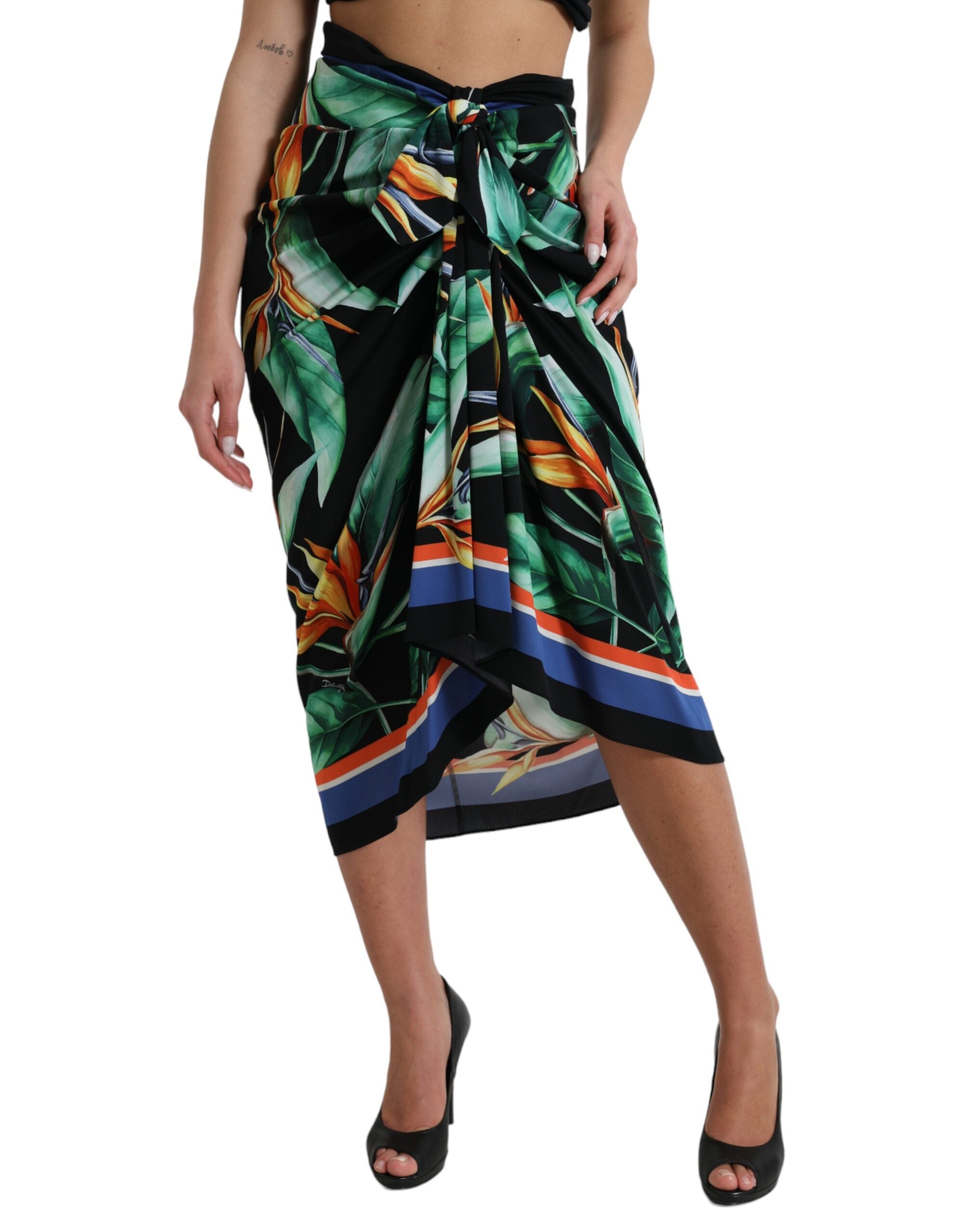 Dolce & Gabbana Black Strelitzia High-Waisted Wrap Midi Skirt