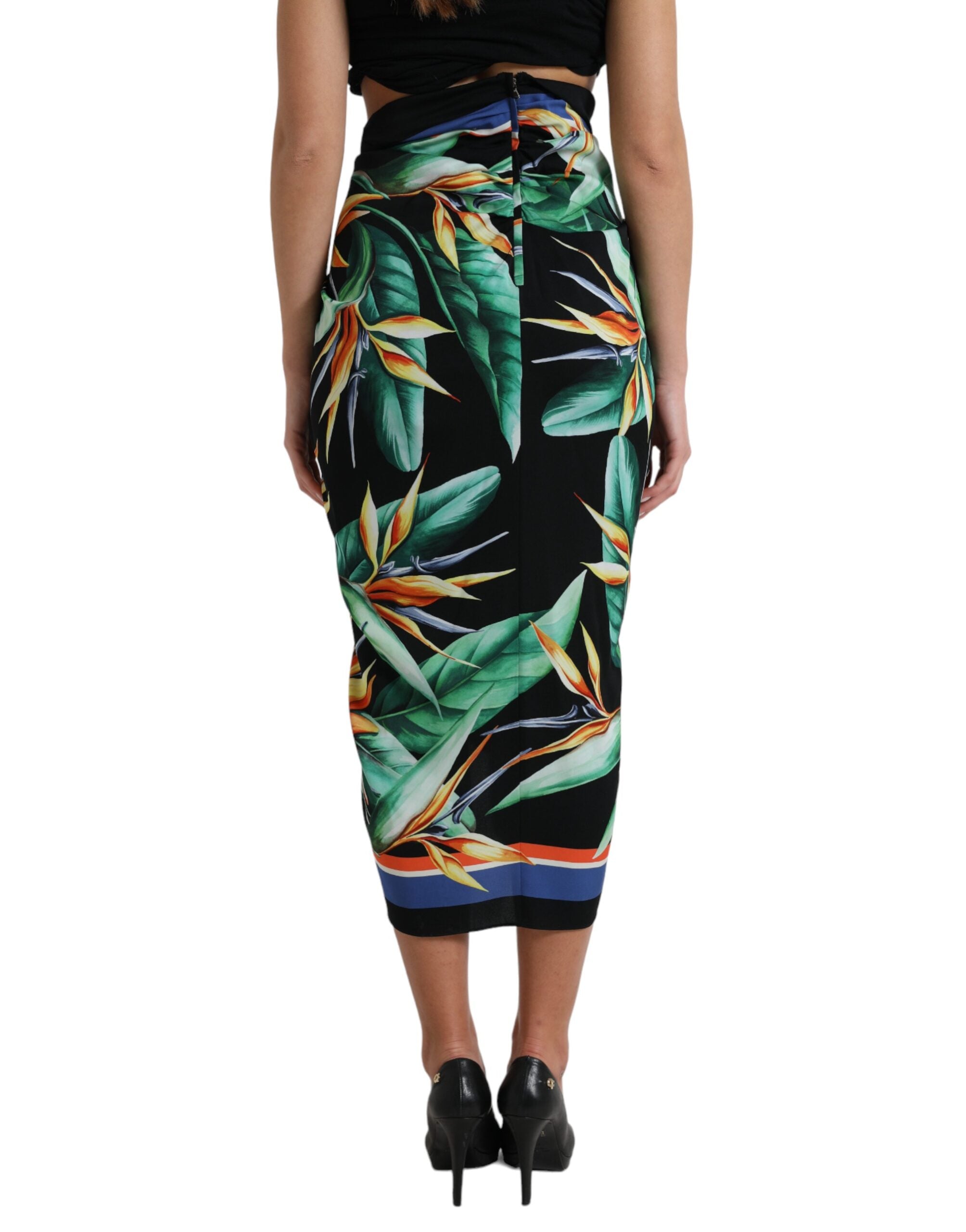 Dolce & Gabbana Black Strelitzia High-Waisted Wrap Midi Skirt