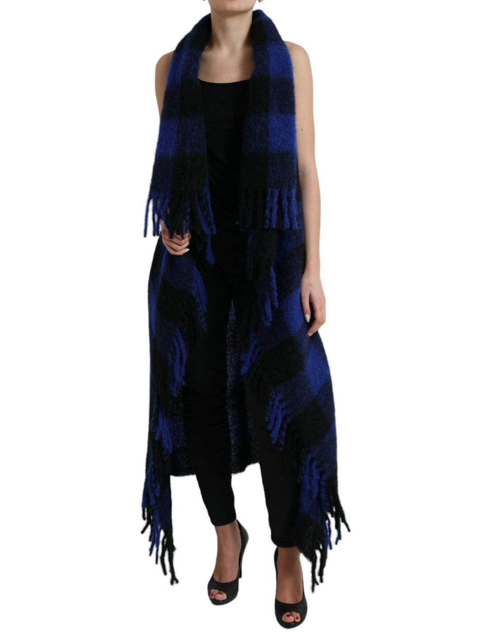 Dolce & Gabbana Schwarz Blau Büffelkaro Poncho Mantel Pullover