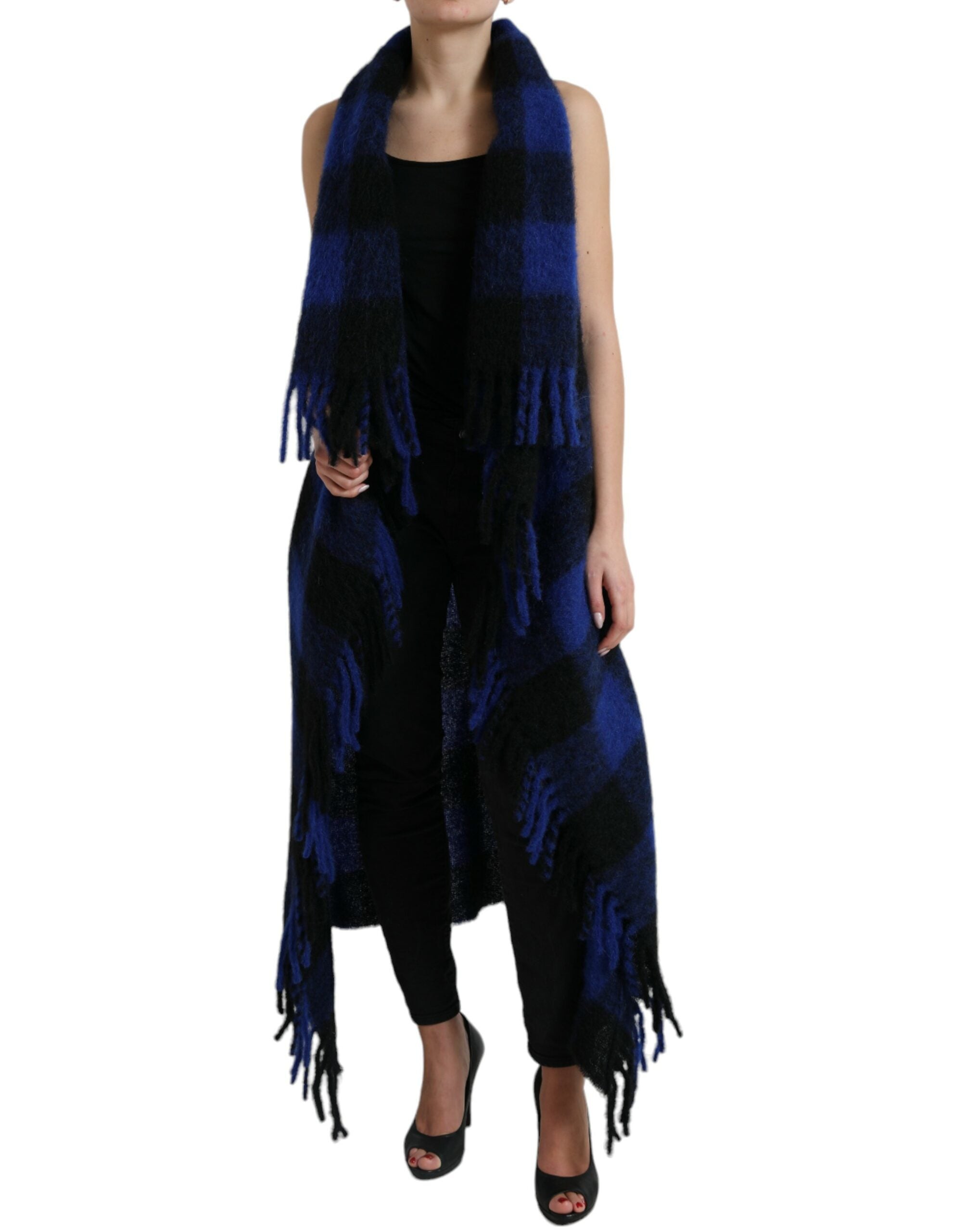 Dolce & Gabbana Schwarz Blau Büffelkaro Poncho Mantel Pullover