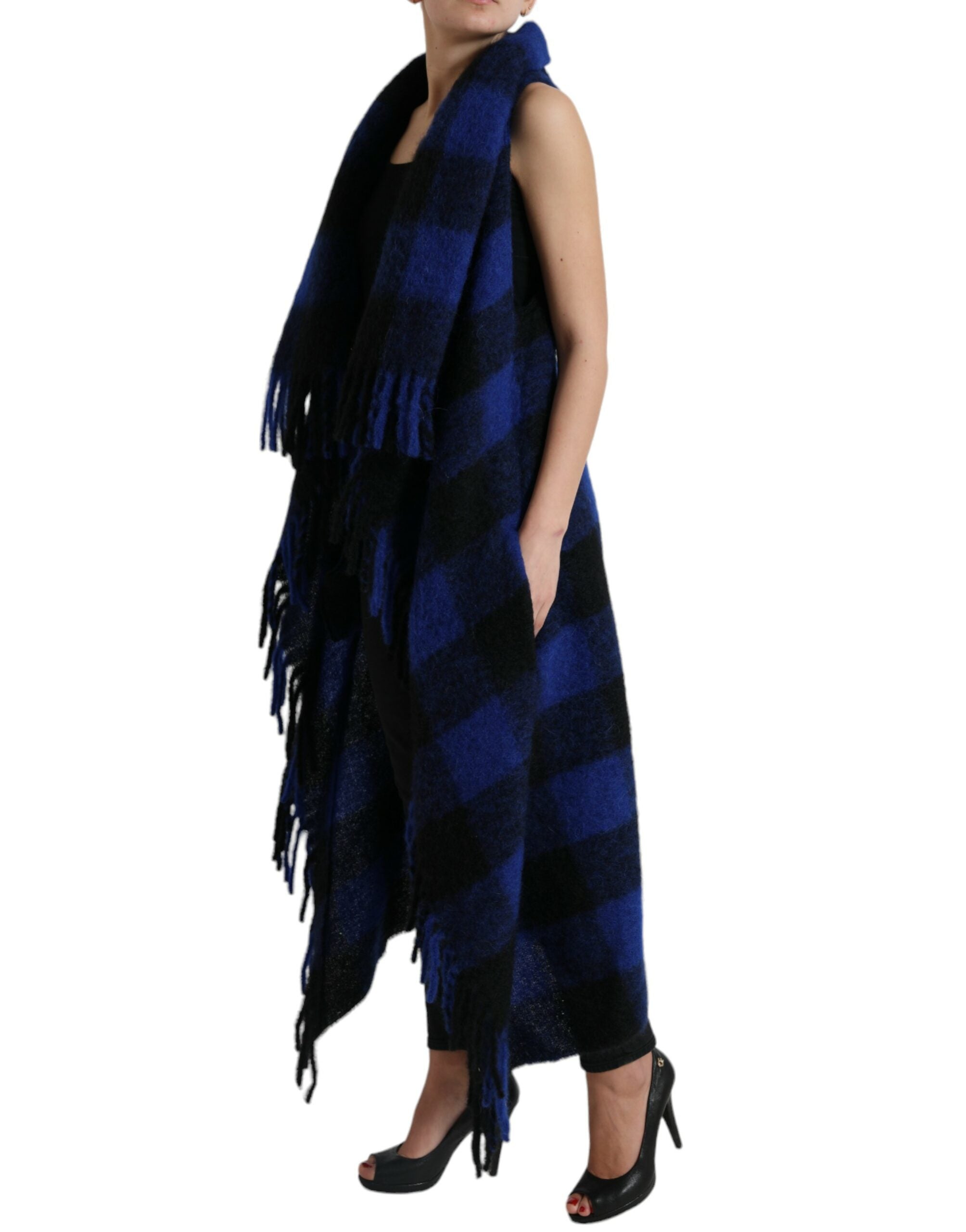 Dolce & Gabbana Schwarz Blau Büffelkaro Poncho Mantel Pullover