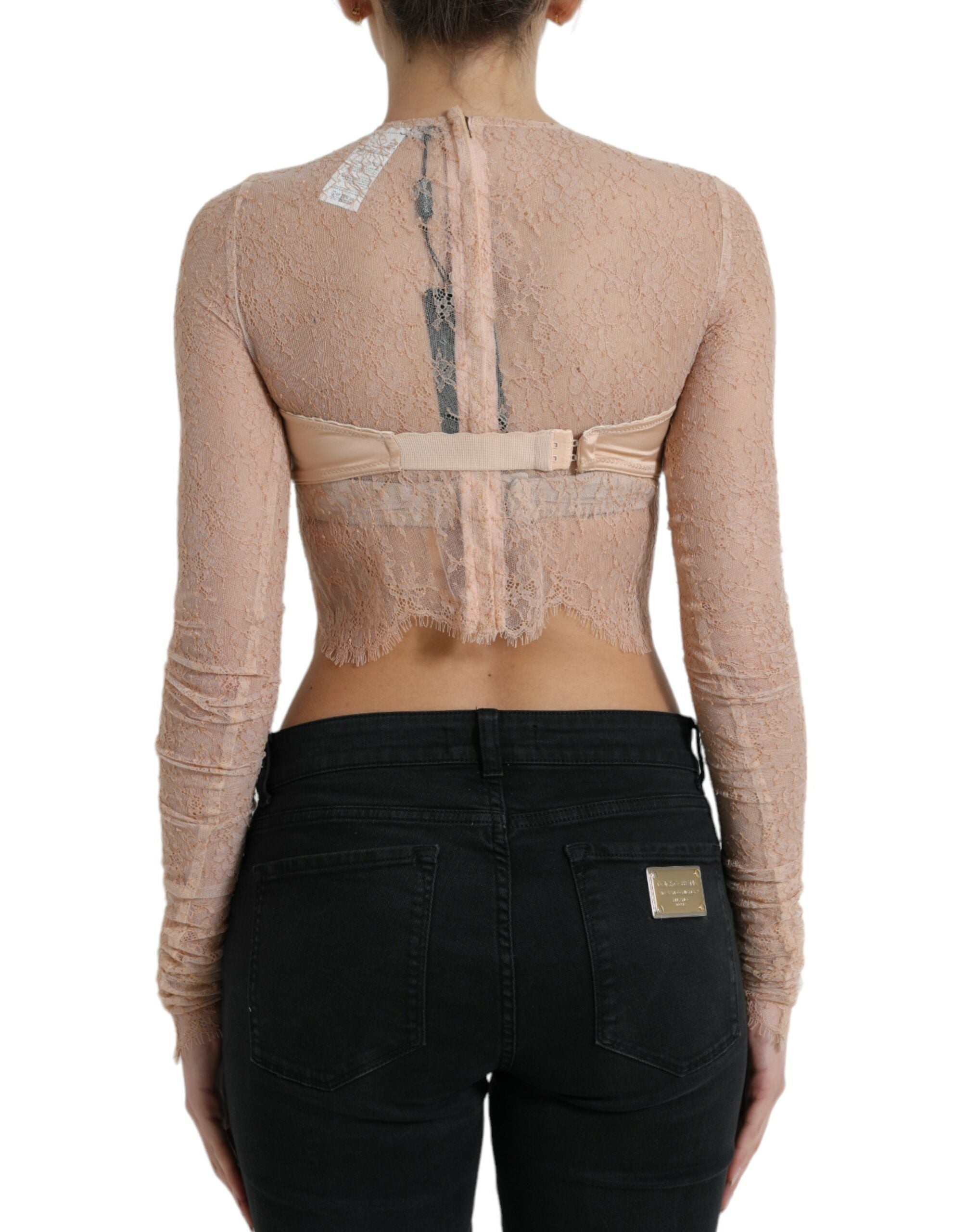 Dolce & Gabbana Beigefarbenes Nylon Bustier mit floraler Spitze und Cropped Top