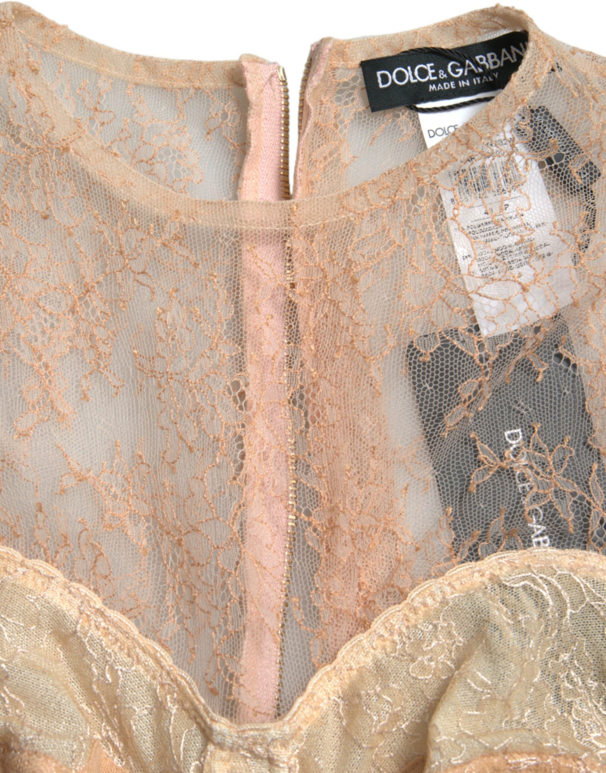 Dolce & Gabbana Beigefarbenes Nylon Bustier mit floraler Spitze und Cropped Top