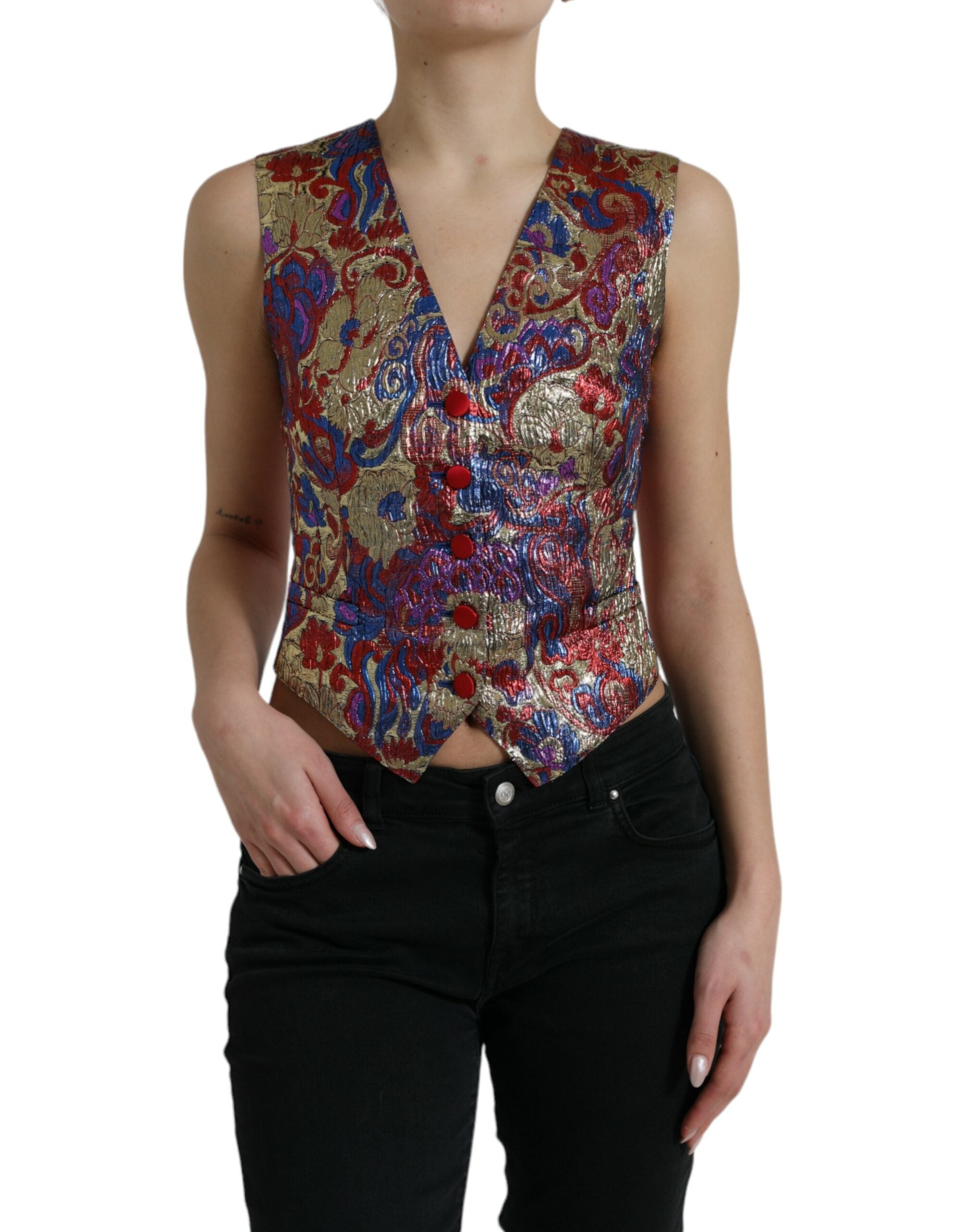 Dolce & Gabbana Multicolor Jacquard Button Vest Waistcoat Top
