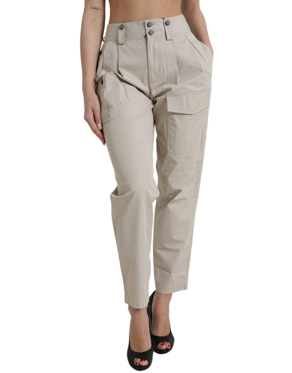 Dolce & Gabbana Beige Cotton High-Waist Tapered Trousers