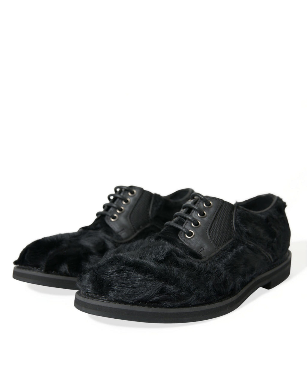 Dolce & Gabbana Black Fur Leather Lace-up Derby Dress Shoes