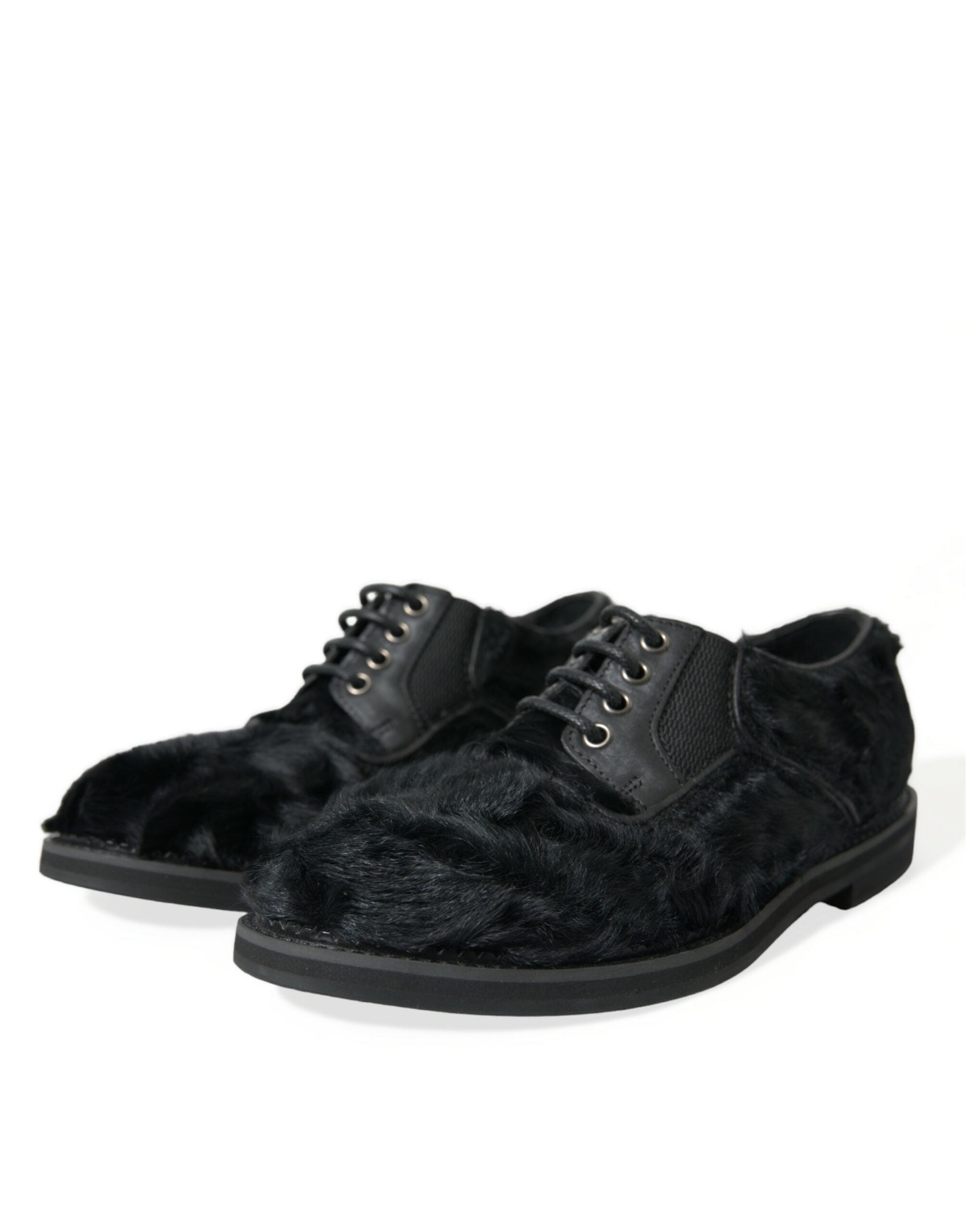 Dolce & Gabbana Black Fur Leather Lace-up Derby Dress Shoes